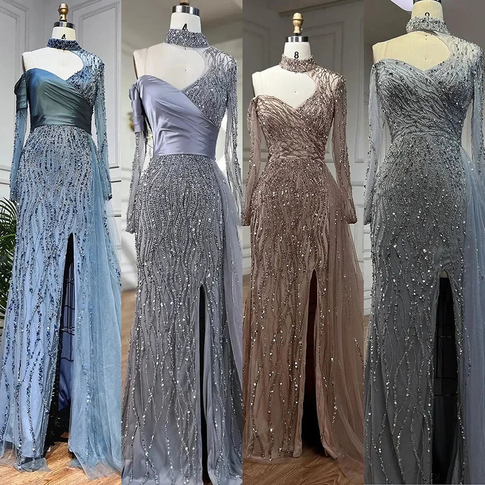 Elegant Blue Beaded Mermaid Evening Dress with High Slit for Women - Wedding, Party, Prom & Formal Gowns - Perfect for 2025 Special Occasions & Arabic Celebrations