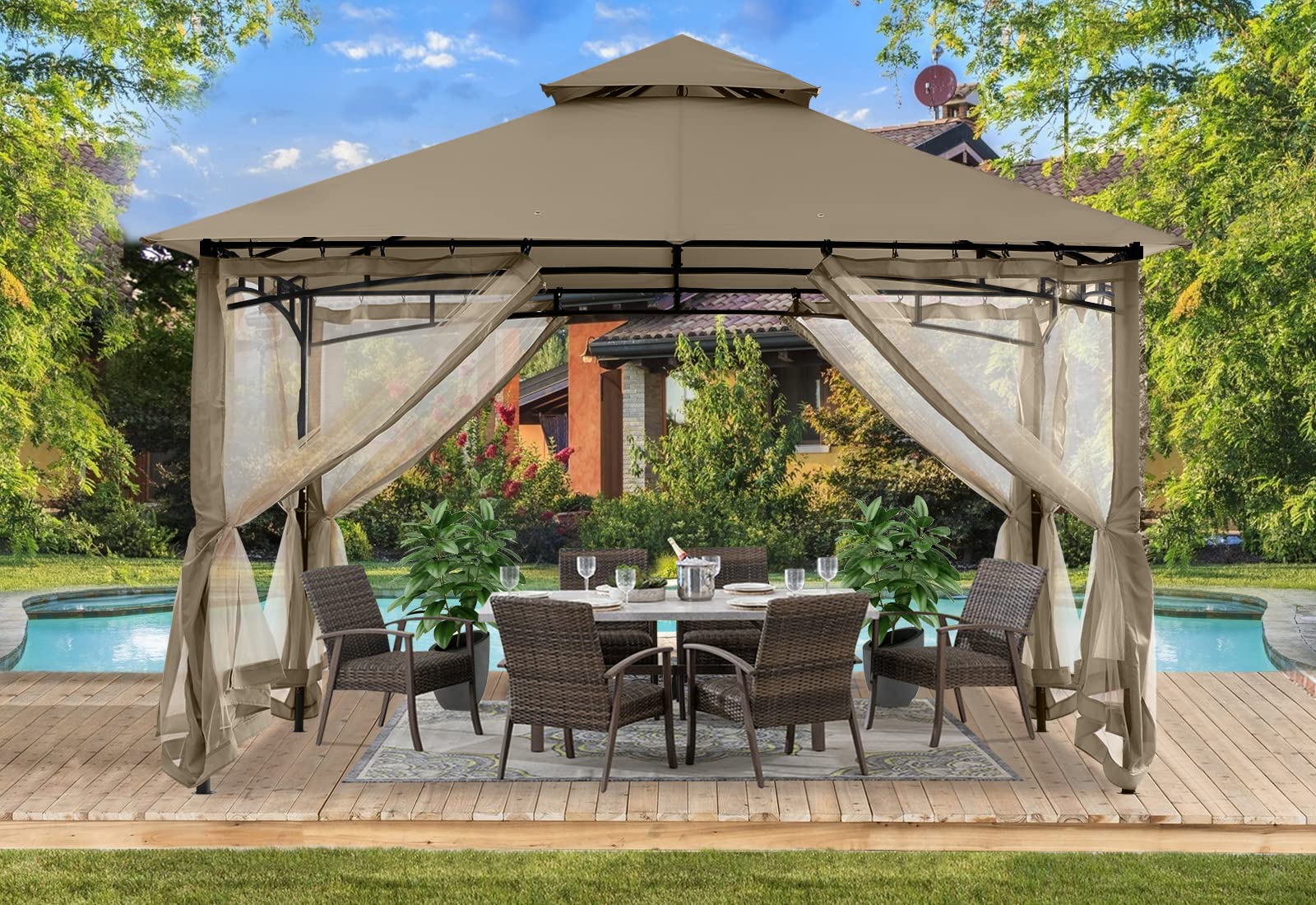 10x12 ABCCANOPY Outdoor Gazebo for Patios - Steel Frame with Mosquito Netting, Perfect for Backyard, Garden, Deck & Lawn (Khaki) | Ideal for Outdoor Dining, Parties & Relaxation