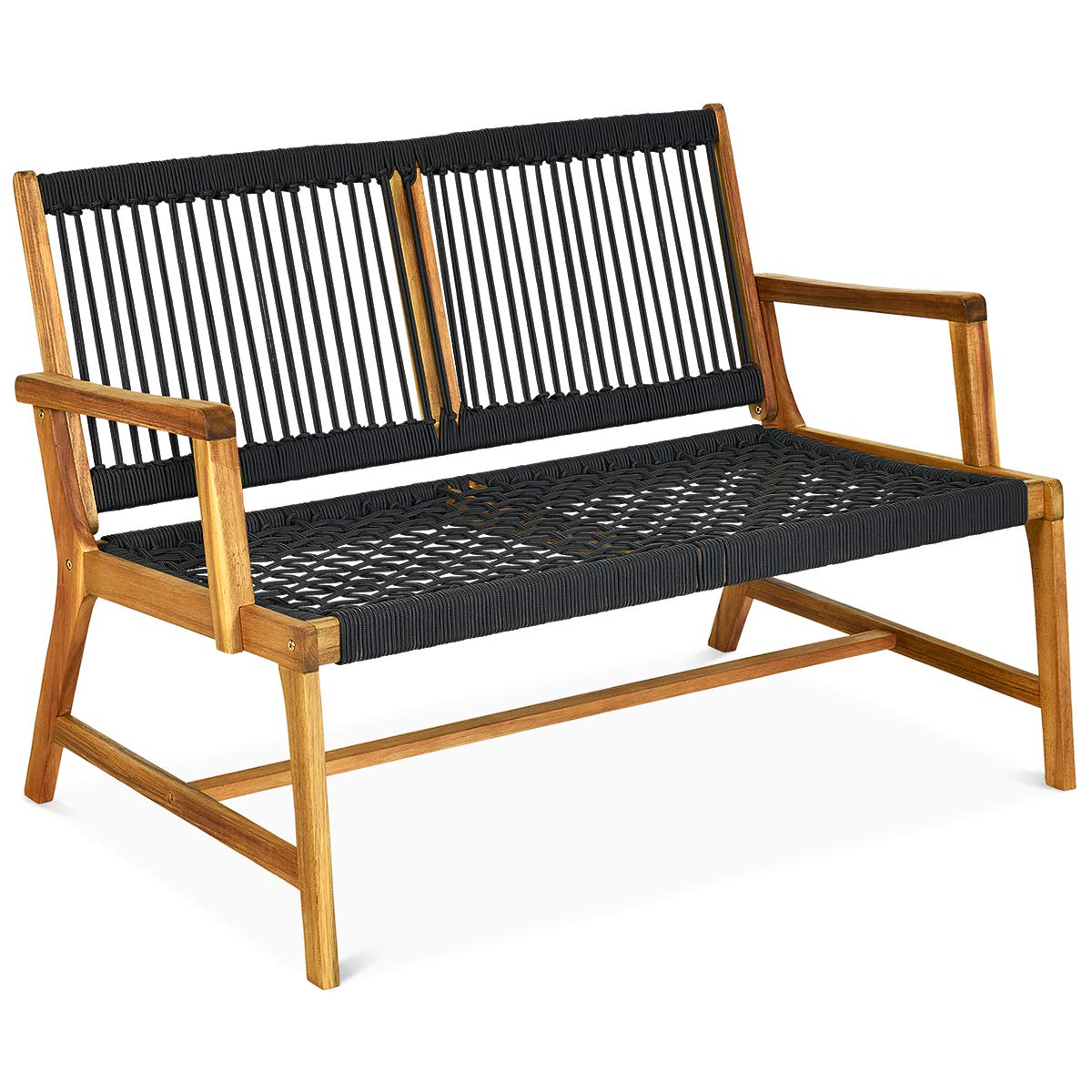 Tangkula 2-Person Acacia Wood Patio Loveseat Bench - Teak Oil Finish Outdoor Rope Chair for Balcony, Deck, Poolside & Porch - Perfect for Relaxing, Entertaining & Outdoor Dining (Black)