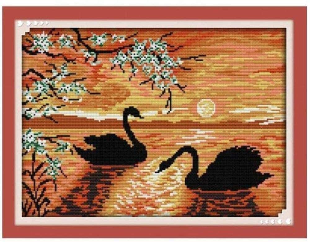 Stamped Cross Stitch Kit for Beginners - Swan Sunset 11CT Pre-Printed Embroidery DIY Needlepoint Fabric with Hoop, Thread & Needle - Adult Craft Gift for Christmas, Home Decor, Wall Art, Relaxation & Stress Relief
