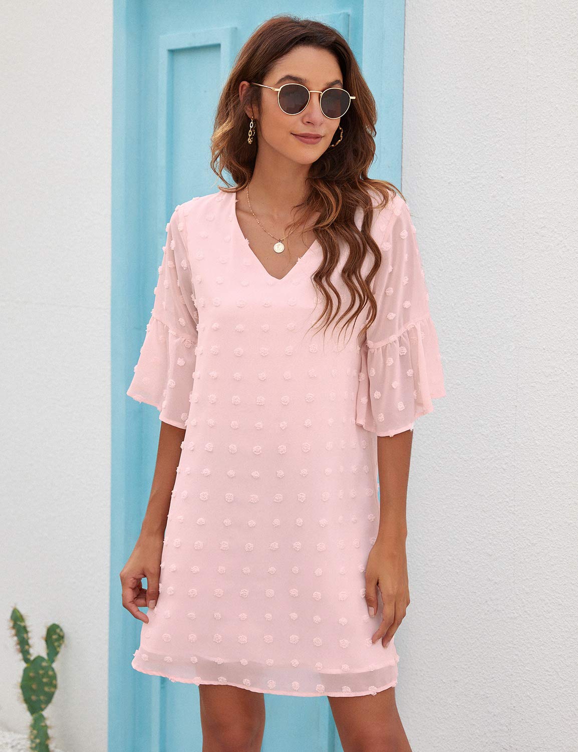 Blooming Jelly Women's White Short Sleeve V-Neck Ruffle Chiffon Sun Dress - Flowy Shift Mini Dress for Summer Beach, Party & Casual Wear