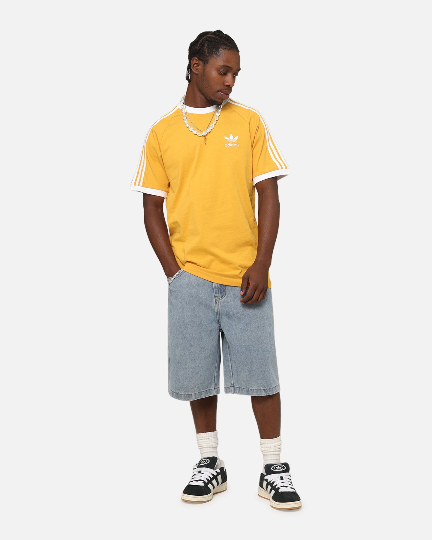 Adidas Classics 3 Stripes T-Shirt for Men - Yellow Cotton Casual Tee - Perfect for Gym, Streetwear & Everyday Outfits