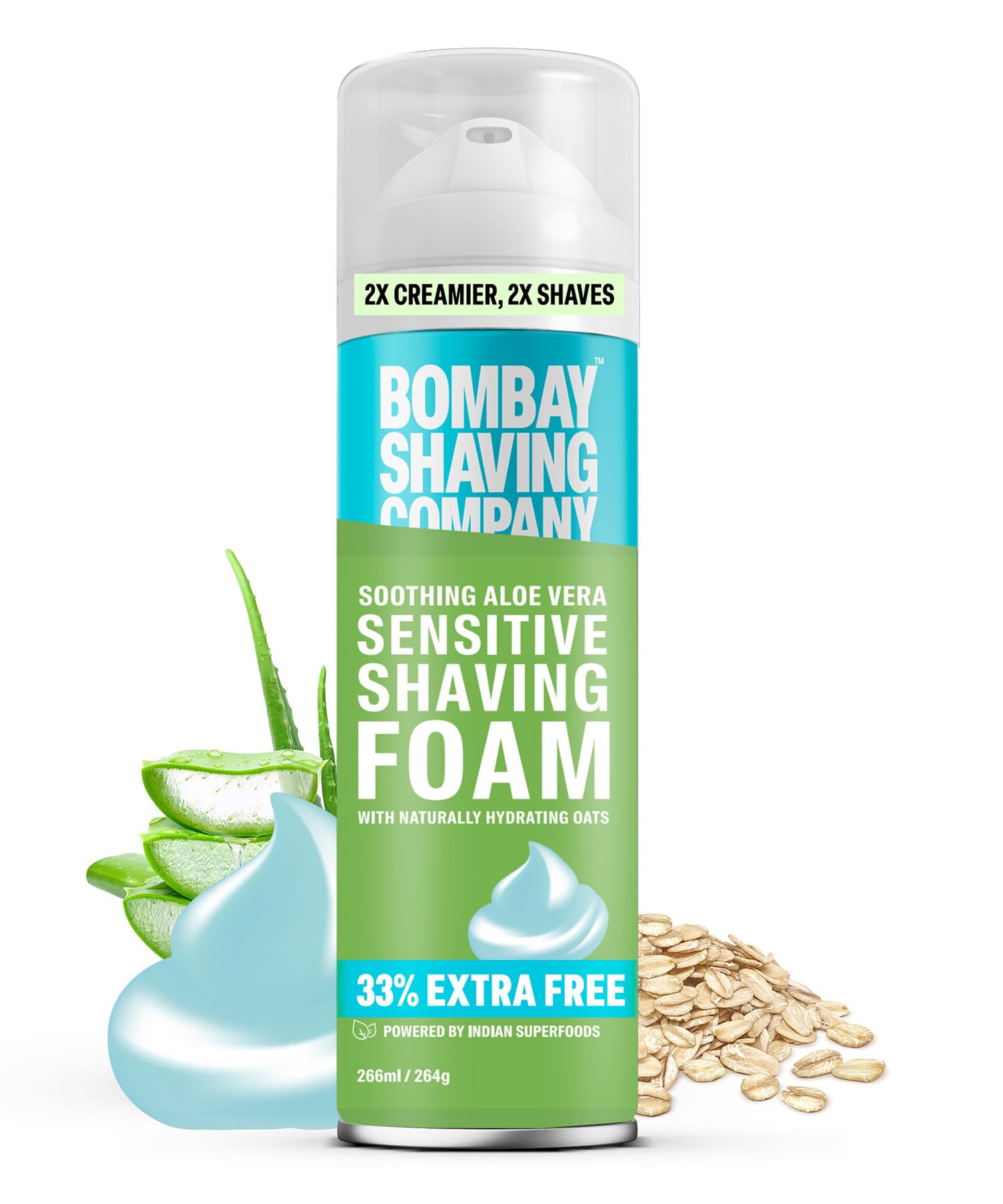 Bombay Shaving Company Sensitive Shaving Foam for Men - 266ml (33% Extra) with Aloe Vera & Oats - Soothing Shave Cream for Irritated Skin - Perfect for Daily Shaving & Travel