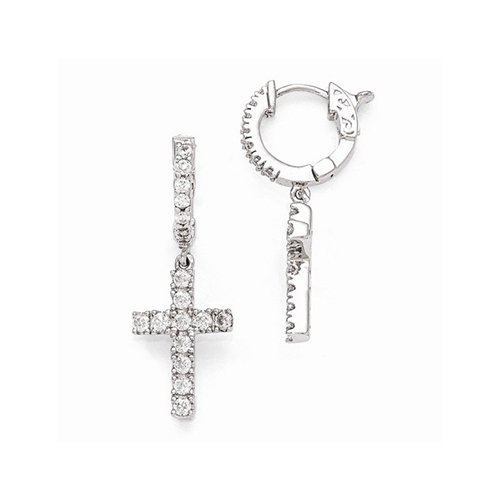 Sterling Silver and Cubic Zirconia Hinged Hoop Dangle Cross Earrings for Women - Elegant Religious Jewelry Gift for Church, Wedding & Everyday Wear