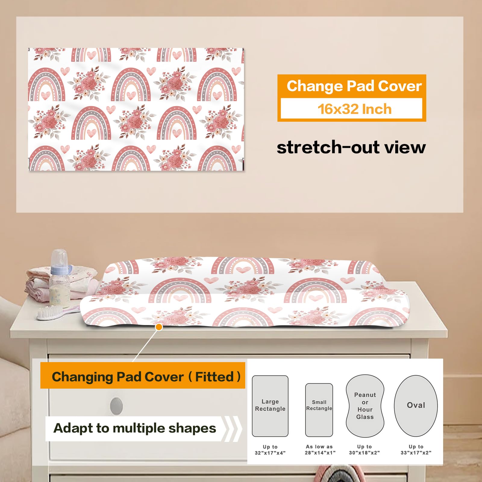 Custom Nursery Crib Bedding Set - Personalized Baby Blanket, Fitted Crib Sheet & Changing Pad Cover with Pink Rainbow Pattern | Perfect Nursery Decor & Baby Shower Gift for Girls (Fixed Size) | Ideal for Newborn Rooms, Daycare Centers & Nursery Theming