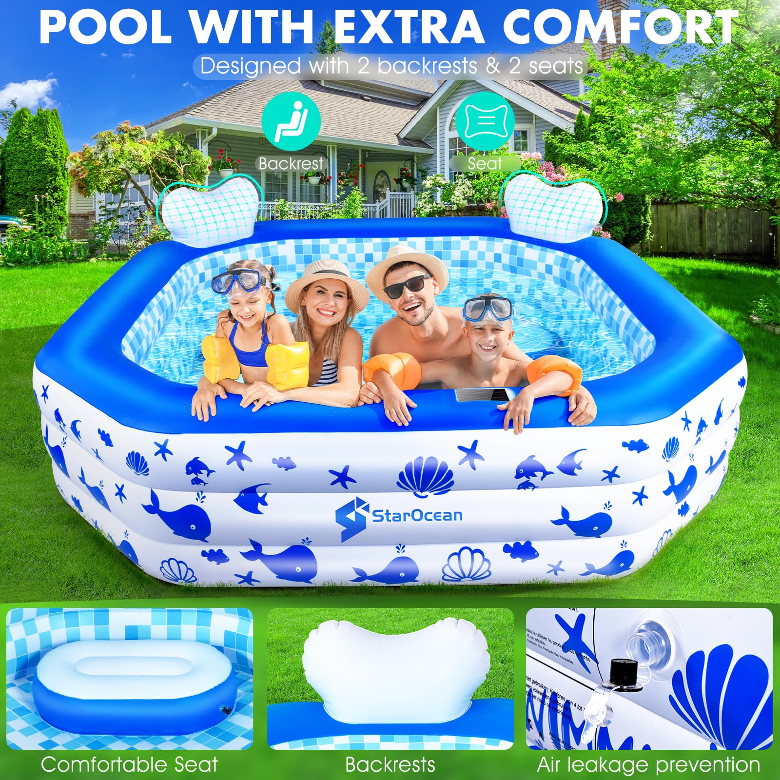 **Solar-Powered Inflatable Pool with LED Lights for Kids & Adults – 90