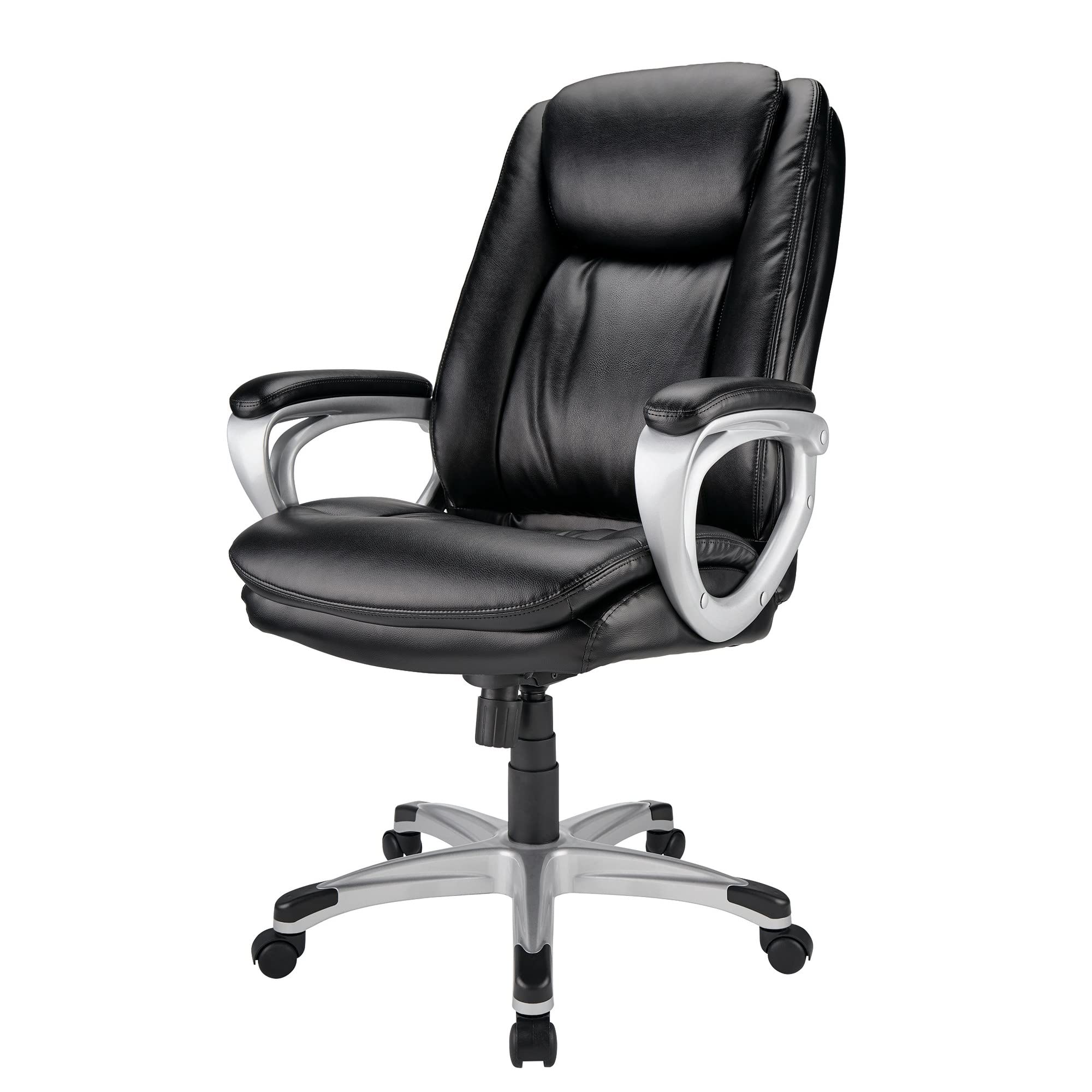 Realspace® Tresswell Bonded Leather High-Back Office Chair - Black/Silver - Ergonomic Executive Desk Chair for Home & Office Workspace, Gaming, and Study