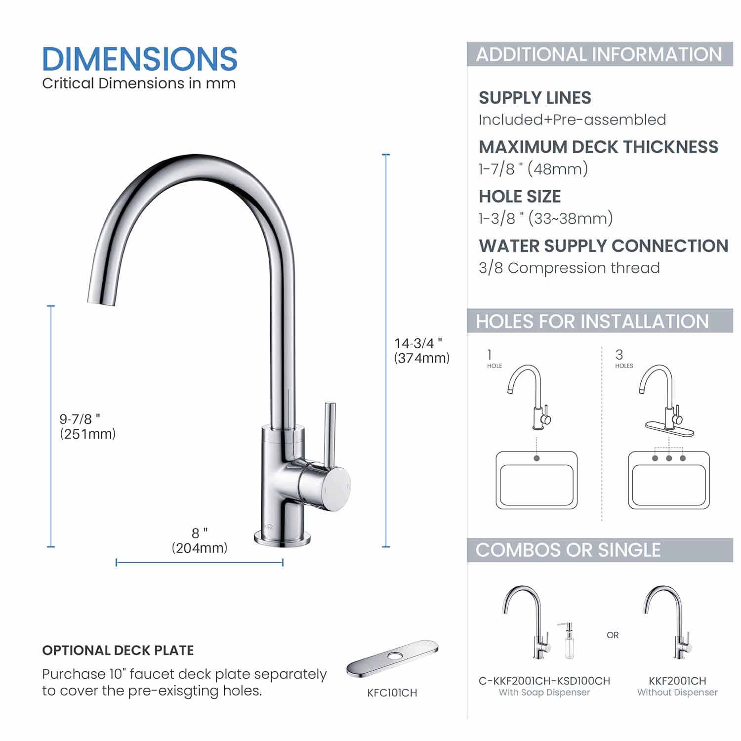 KIBI KKF2001 High Arc Single Hole Kitchen Faucet - 360° Swivel Spout, Chrome Finish, Rust & Corrosion Resistant | Perfect for Modern Kitchens, Bar Sinks & Small Spaces