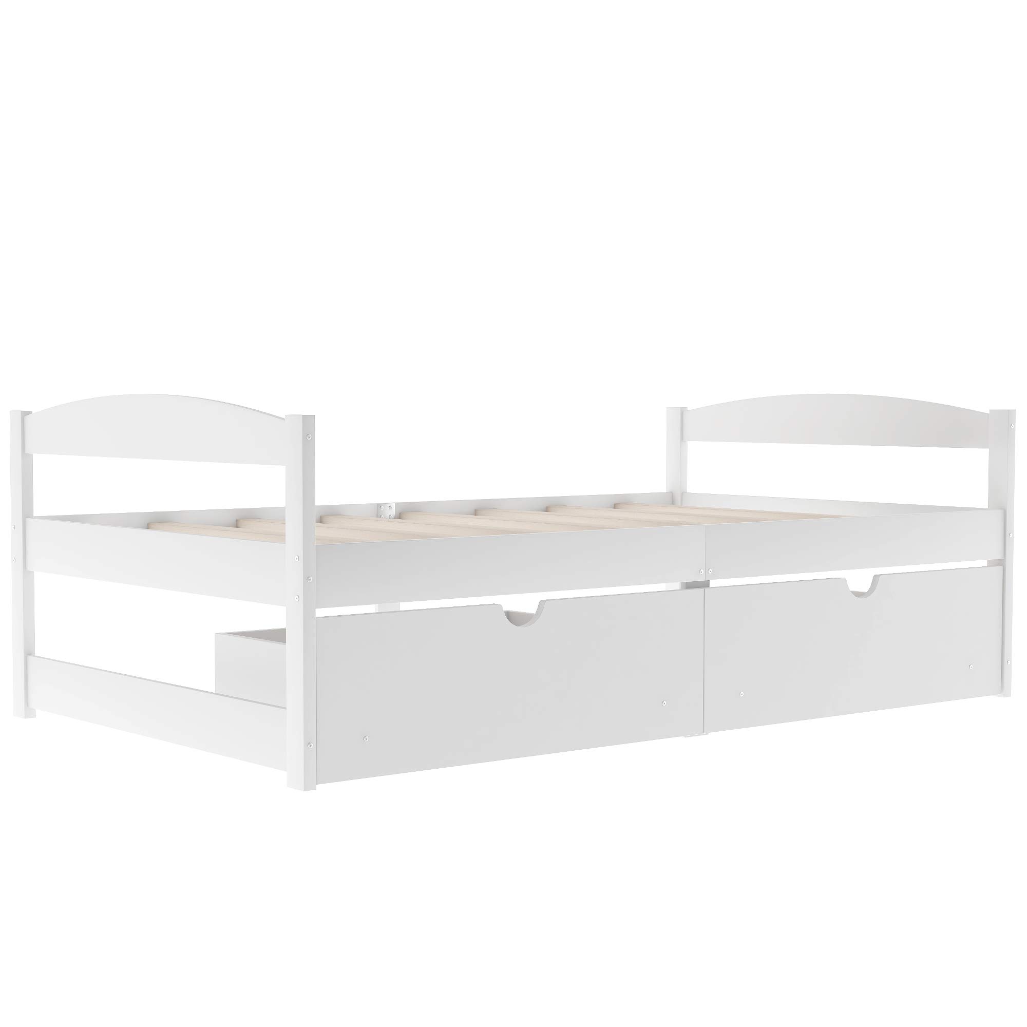 KLMM Twin Platform Bed with 2 Drawers - Solid Wood Captain’s Daybed for Bedroom & Living Room - White Wooden Slat Support - Perfect for Guest Rooms, Small Spaces & Multi-functional Furniture Needs