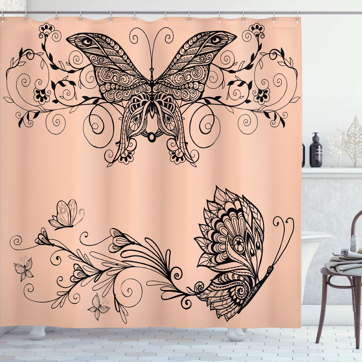 Ambesonne Bohemian Spring Shower Curtain - Floral Mandala & Butterfly Wings Design, 75