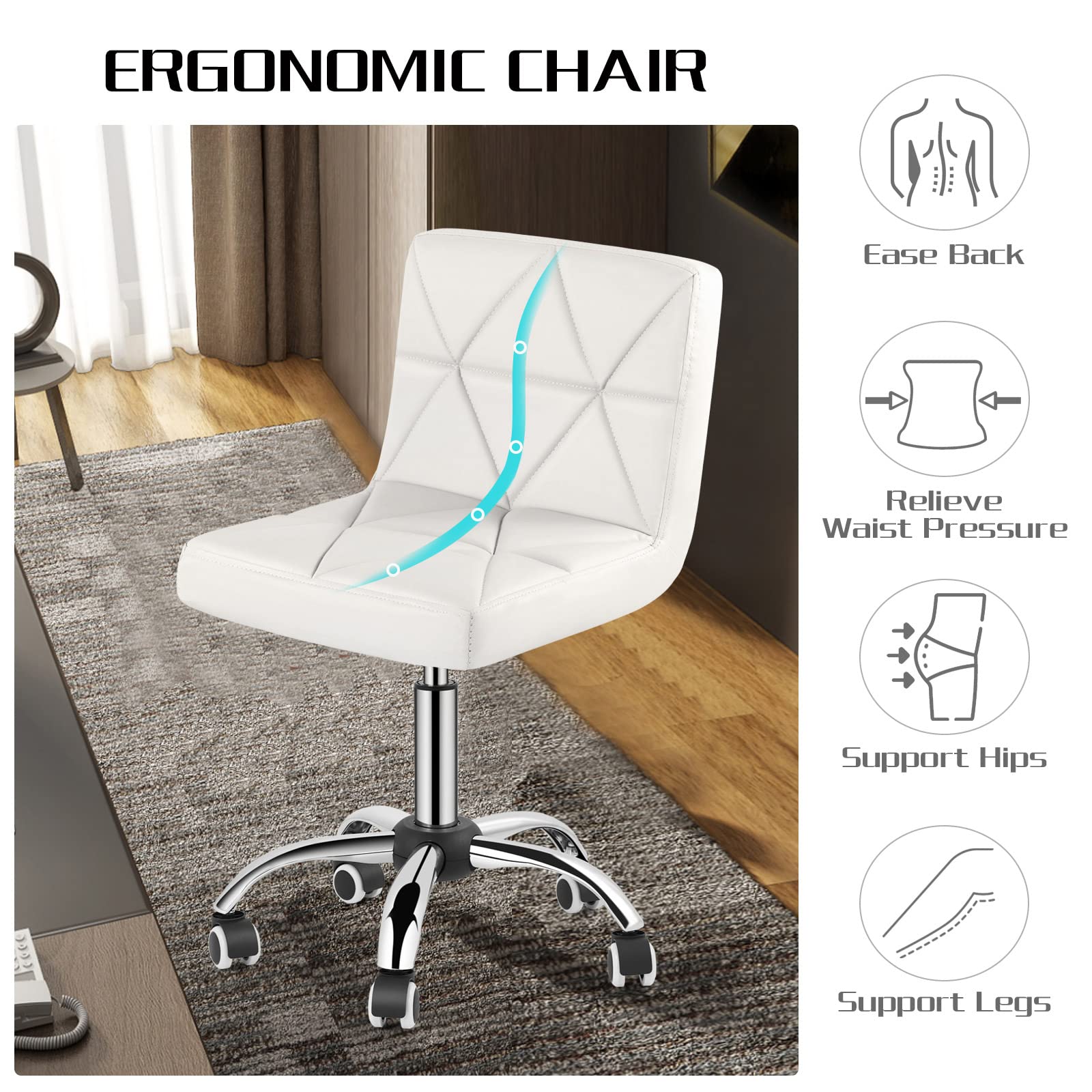 Adjustable Low Back Swivel Office Chair with Rolling Wheels - Armless Executive Desk Chair with Diamond Pattern for Home Office, Computer Work & Barber Shop - White Ergonomic Task Chair for Comfortable Working & Styling