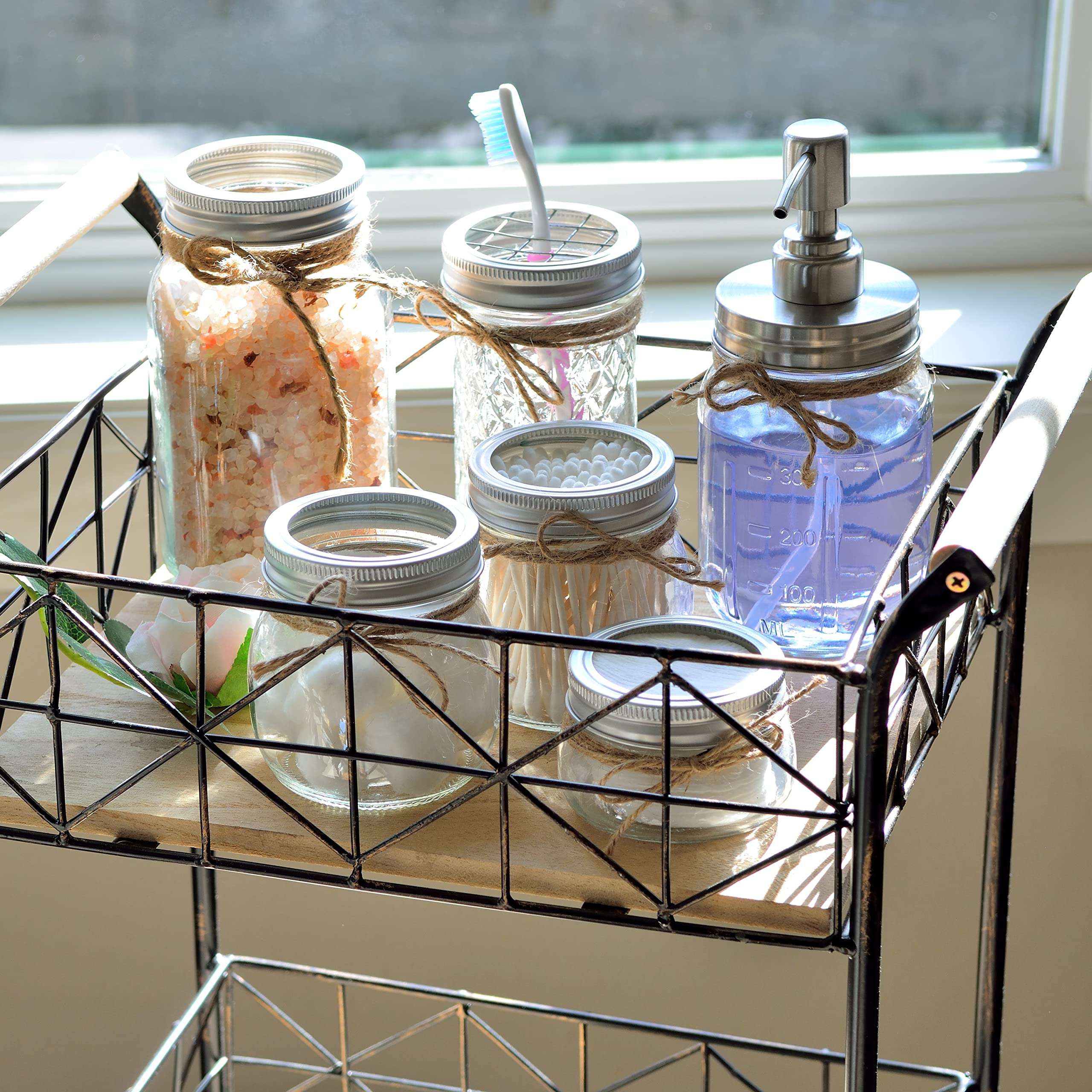 Youngever 6-Piece Clear Glass Bathroom Accessories Set - Mason Jar Toothbrush Holder, Soap Dispenser & Apothecary Jars for Modern Bathroom Decor | Perfect for Home, Hotel & Spa Organization