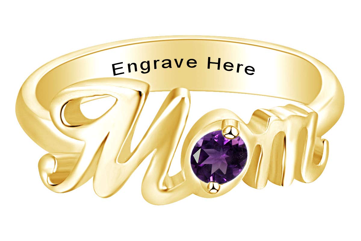 Personalized Round Simulated Birthstone Mom Promise Band Ring - 14k Yellow Gold Over Sterling Silver - Perfect Gift for Mother's Day, Birthday & Anniversary Jewelry