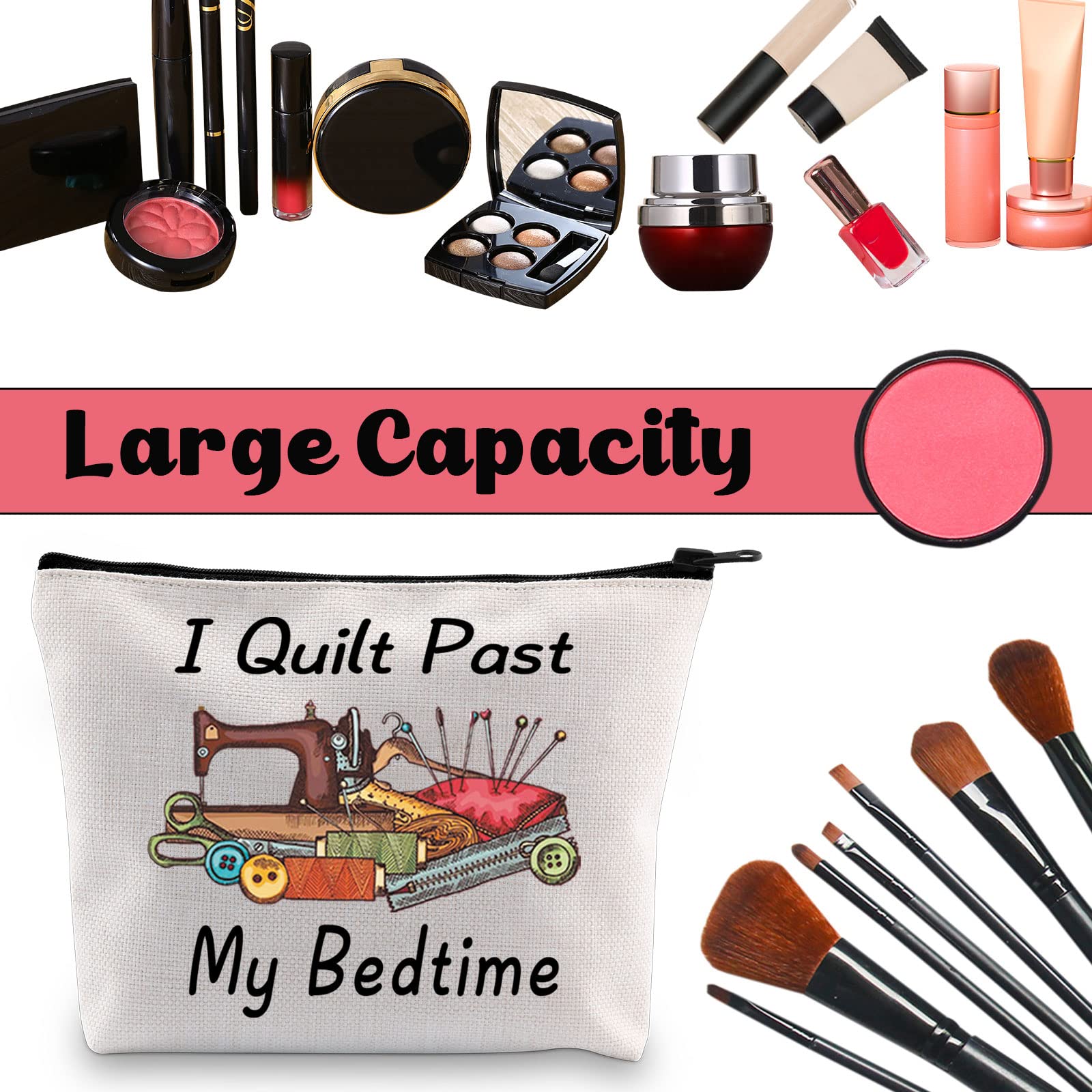 JNIAP Quilted Cosmetic Bag for Women - Travel Makeup Organizer Pouch with Zipper - Perfect Gift for Sewing Lovers, Quilters & Seamstresses - Great for Travel, Daily Makeup Storage & Sewing Machine Accessories (I Quilt Past My Bedtime Design)