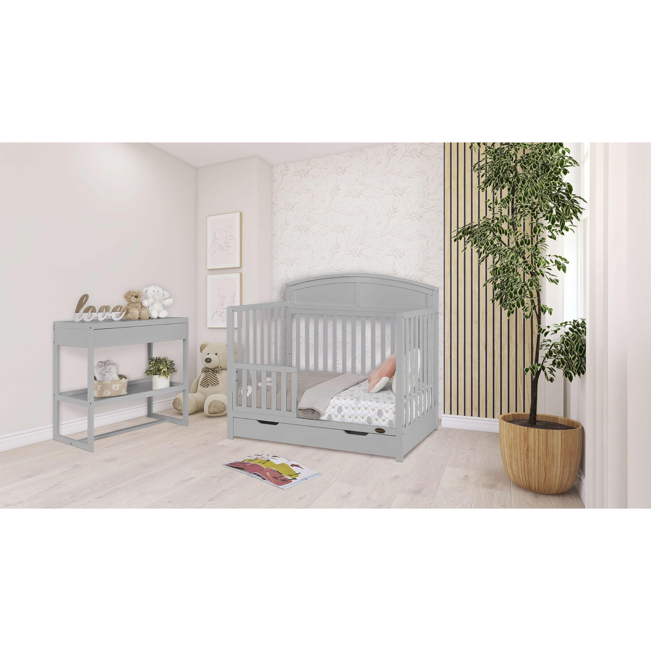 Dream On Me Storybrooke 5-in-1 Convertible Crib with Under Drawer - Pebble Grey | JPMA & Greenguard Gold Certified | Sustainable Pinewood | Non-Toxic Water-Based Paint | Nursery Furniture for Baby & Toddler Rooms | Space-Saving Design for Small Bedrooms