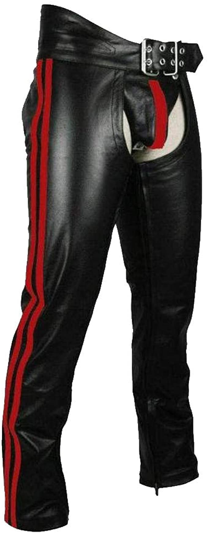Men's Genuine Biker Cowhide Leather Chaps with Red Stripes - Perfect for Motorcycle Riding, Fashion, and Costume Events