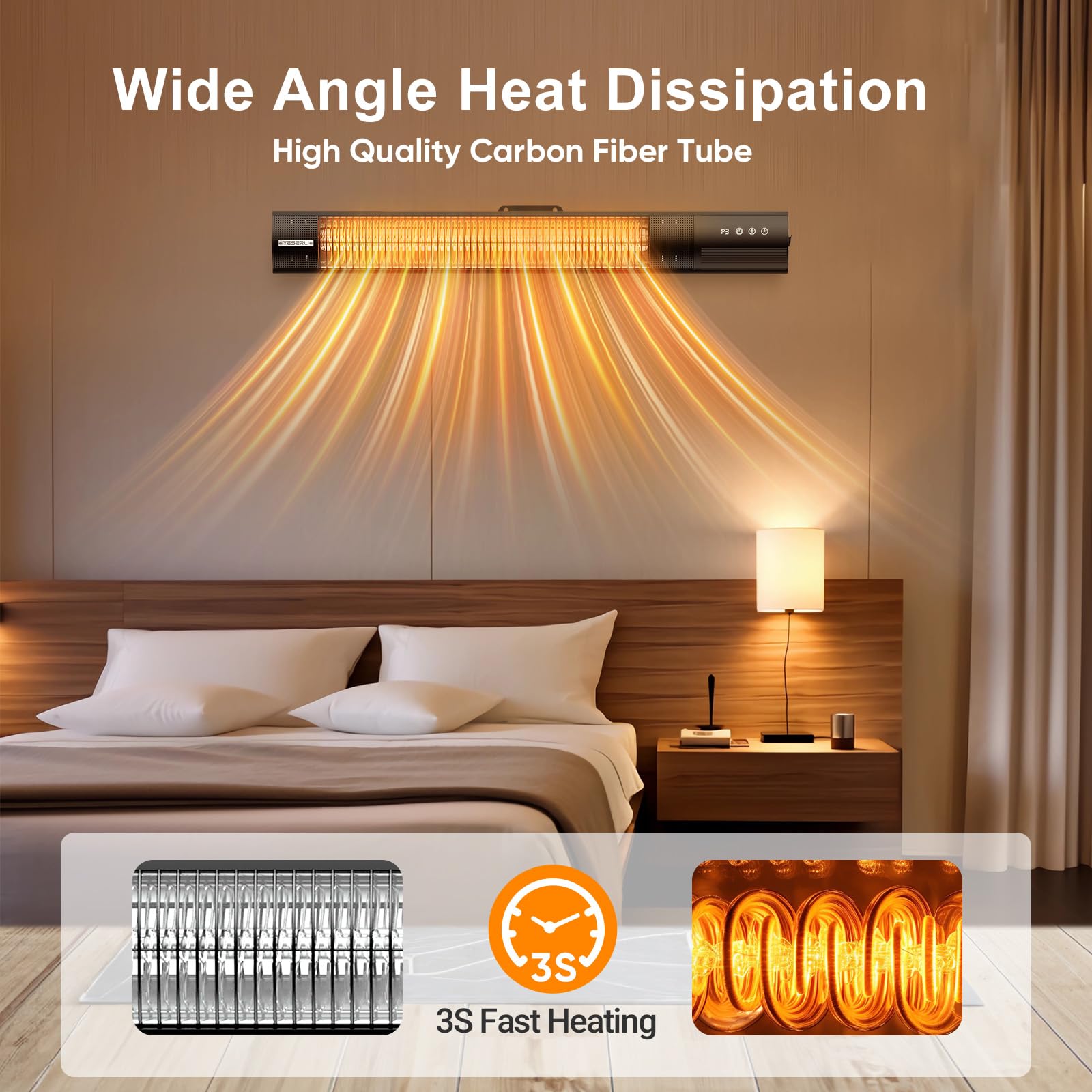 YESERLl 1500W Electric Patio Heater with Remote Control - 3 Power Settings, Wall Mounted Carbon Infrared Outdoor Heater, Fast Heating, Quiet Operation, IP55 Waterproof & 24H Timer - Perfect for Patio, Deck, Garden, and Snowy Outdoor Gatherings