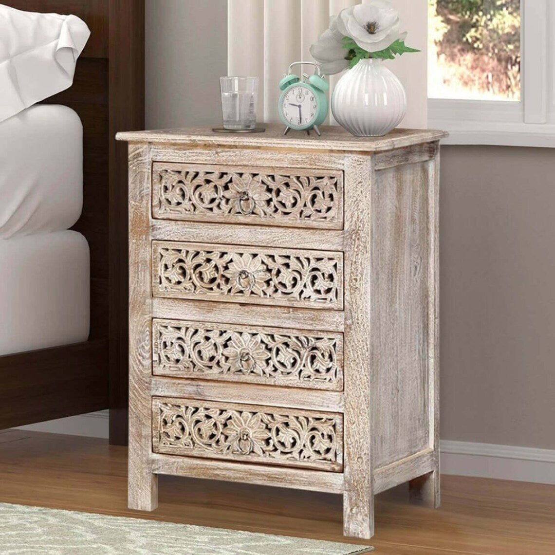 Hand Carved Indian Wood Nightstand - Antique Wooden Bedside Table with Intricate Carvings | Perfect for Bedroom, Living Room, or Office Decor