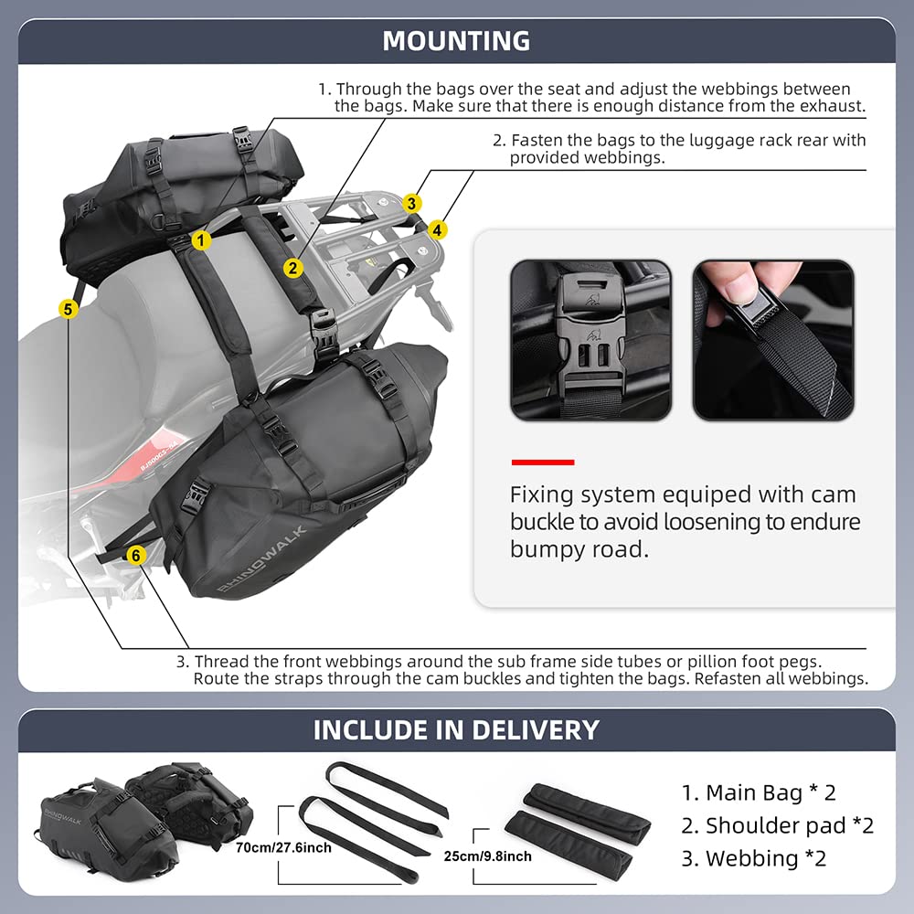 Rhinowalk 48L (24Lx2) Waterproof Motorcycle Saddle Bags - Anti-Vibration Motorbike Panniers with Shoulder Strap for Harley, BMW, Honda & Most Adventure/Sport Bikes - Perfect for Long Rides, Road Trips & Daily Commuting