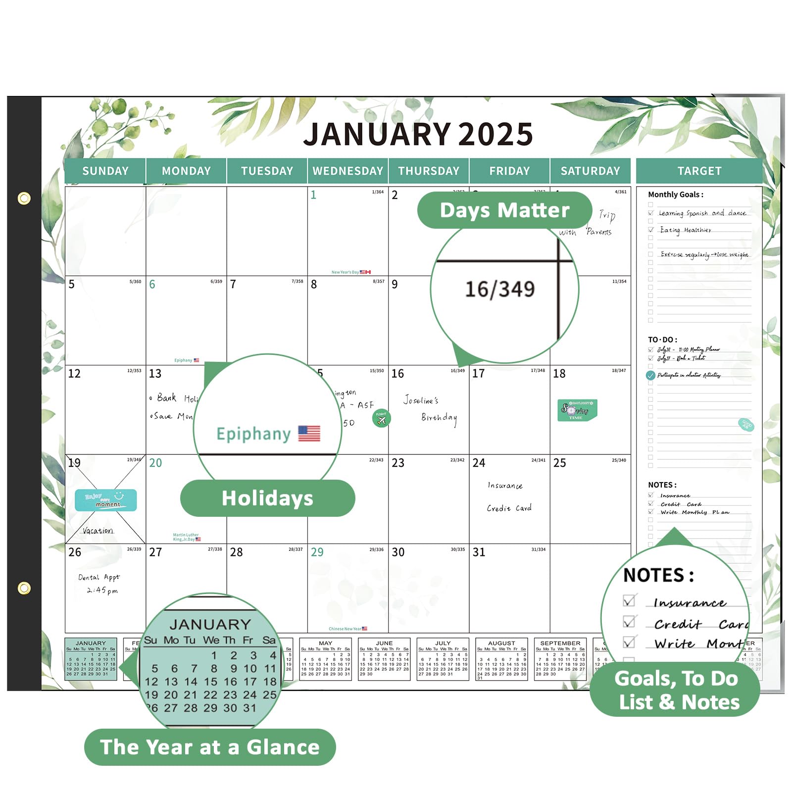 Ospelelf 2025-2026 Monthly Desk Calendar - 22x17 Inch Large Planner with Plastic Cover | 18-Month Green Leaves Design | Perfect for Office, Home & School Organization