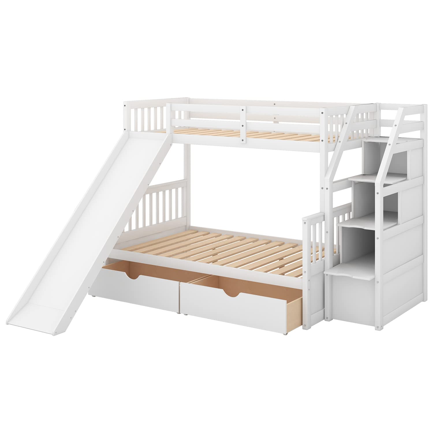 Twin Over Full Bunk Bed with Slide & Storage - White Wooden Bunk Bed for Kids' Bedroom