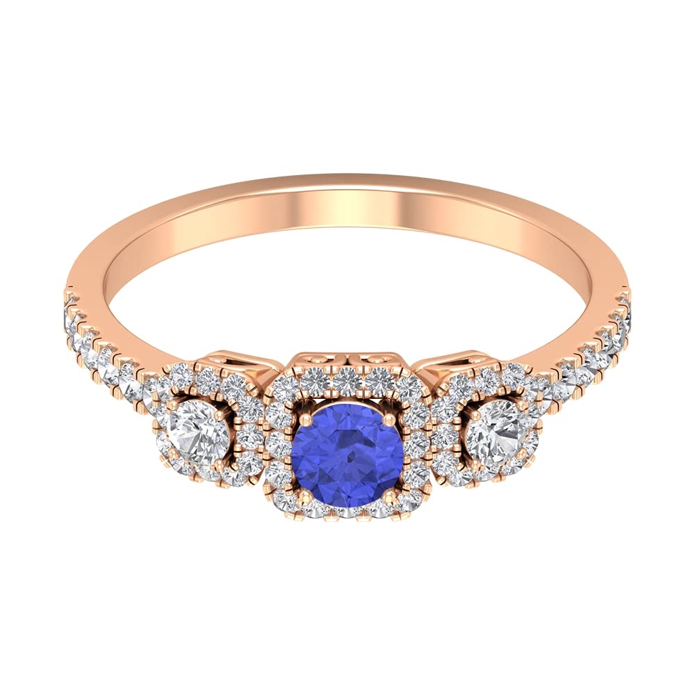 1 CT Tanzanite and Diamond Ring in 14K Solid Gold - Vintage Inspired Three Stone Tanzanite Ring with Accent Diamonds for Engagement, Wedding, Anniversary & Special Occasions