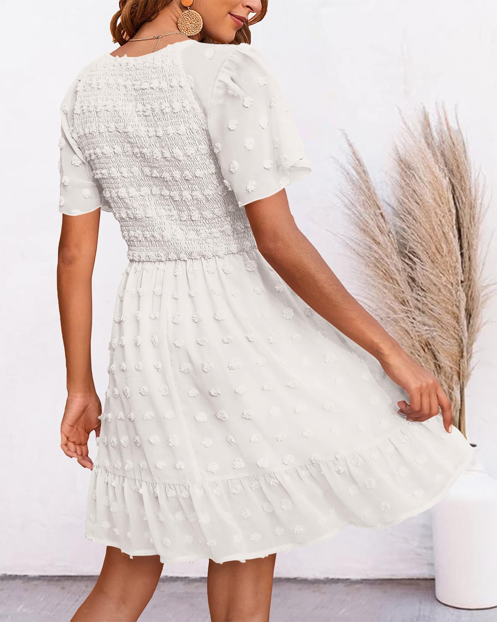 BTFBM Women's V-Neck Casual Summer Dress - Short Sleeve Smocked Swiss Dot Swing Ruffle Mini Dress for Beach Vacation 2025 | Perfect for Tropical Getaways, Pool Parties & Summer Outings