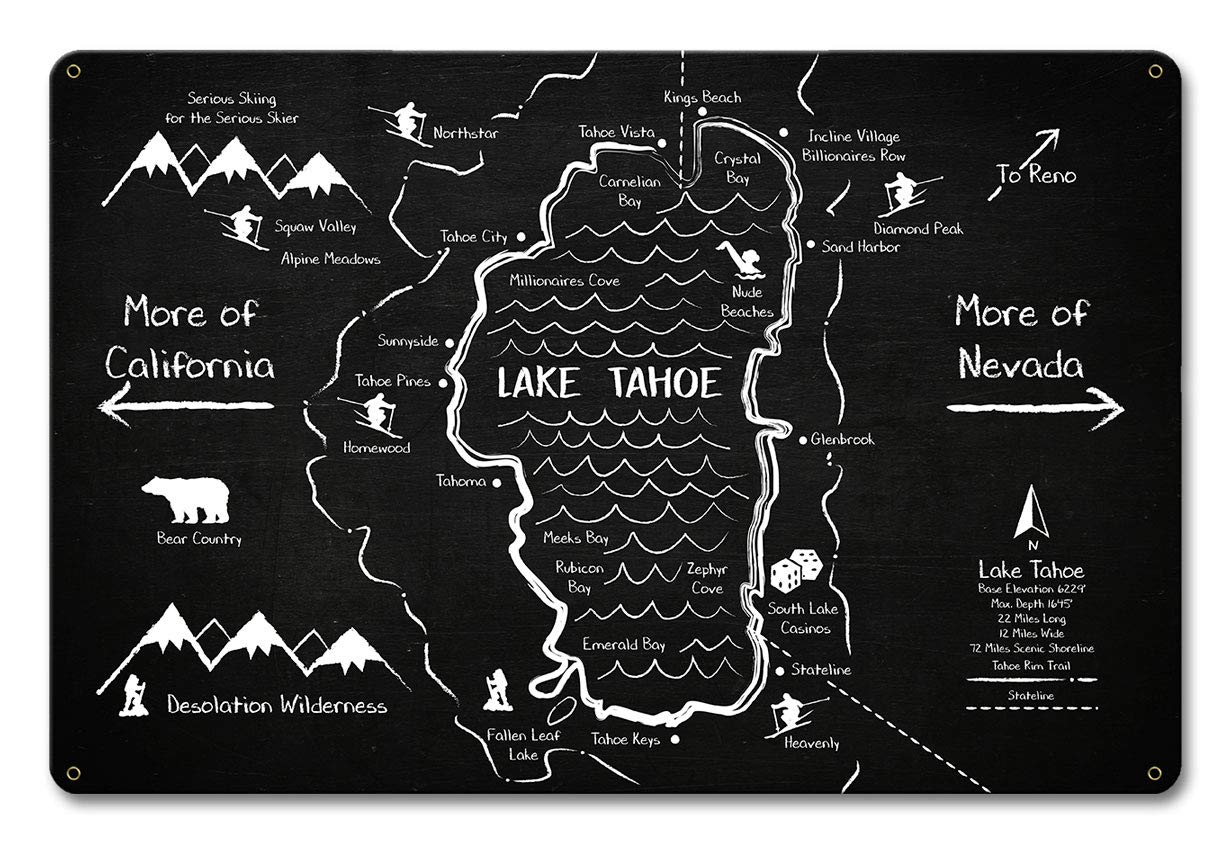 Lake Tahoe Chalk Drawing - Premium Heavy Gauge Steel Wall Art Made in USA | Perfect for Home Decor, Office & Gift Giving