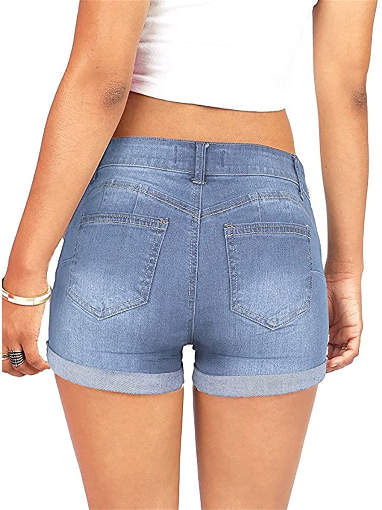 Women's Low Waist Ripped Denim Shorts - Distressed Rolled Hem Destroyed Jeans Hot Pants (Light Blue, Medium) | Casual Summer Outfits, Beachwear & Street Style Fashion