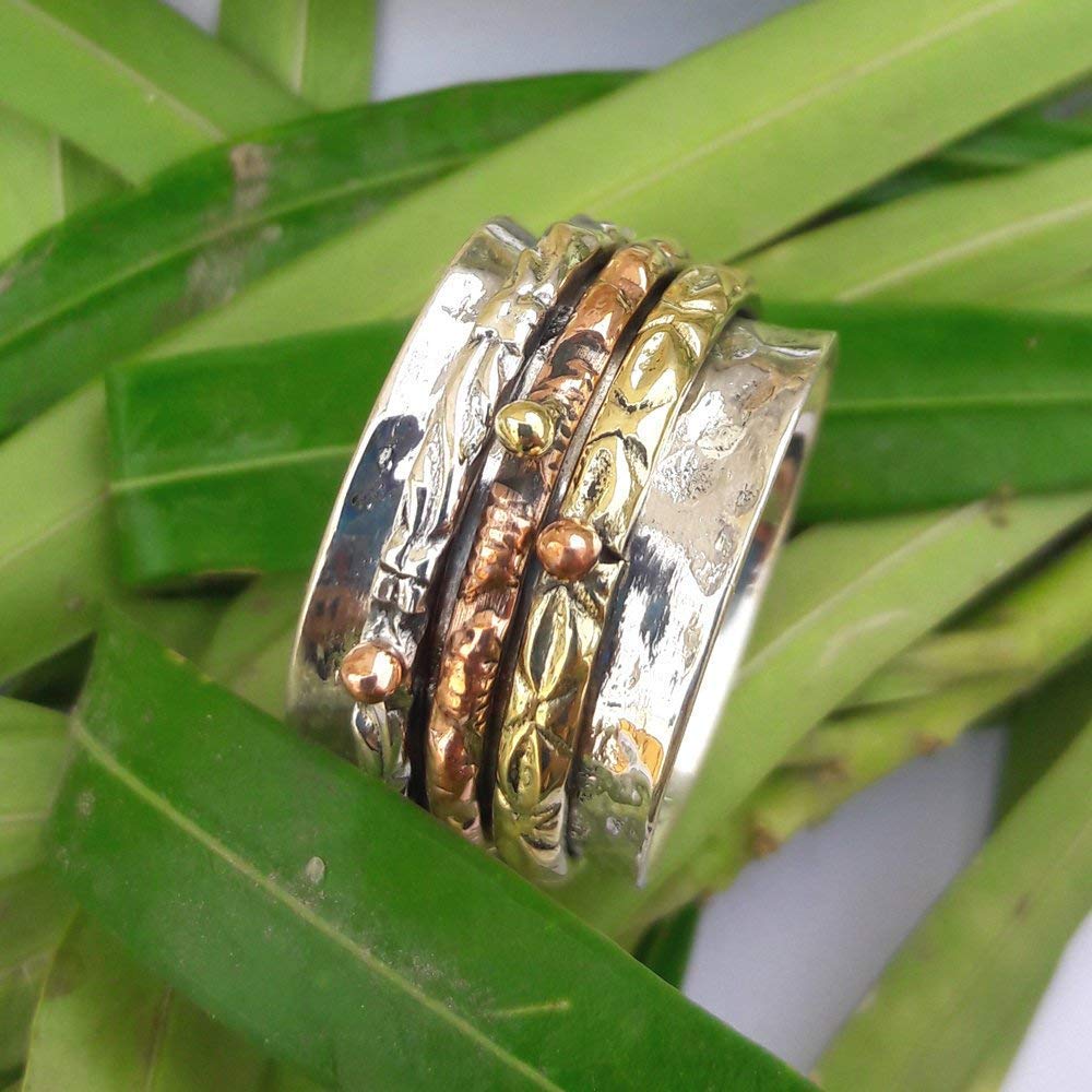Stylish 925 Sterling Silver Spinner Ring for Women - Anxiety Relief & Meditation Jewelry, Brass & Copper Spinner Band Ring - Perfect for Stress Relief, Focus & Everyday Wear