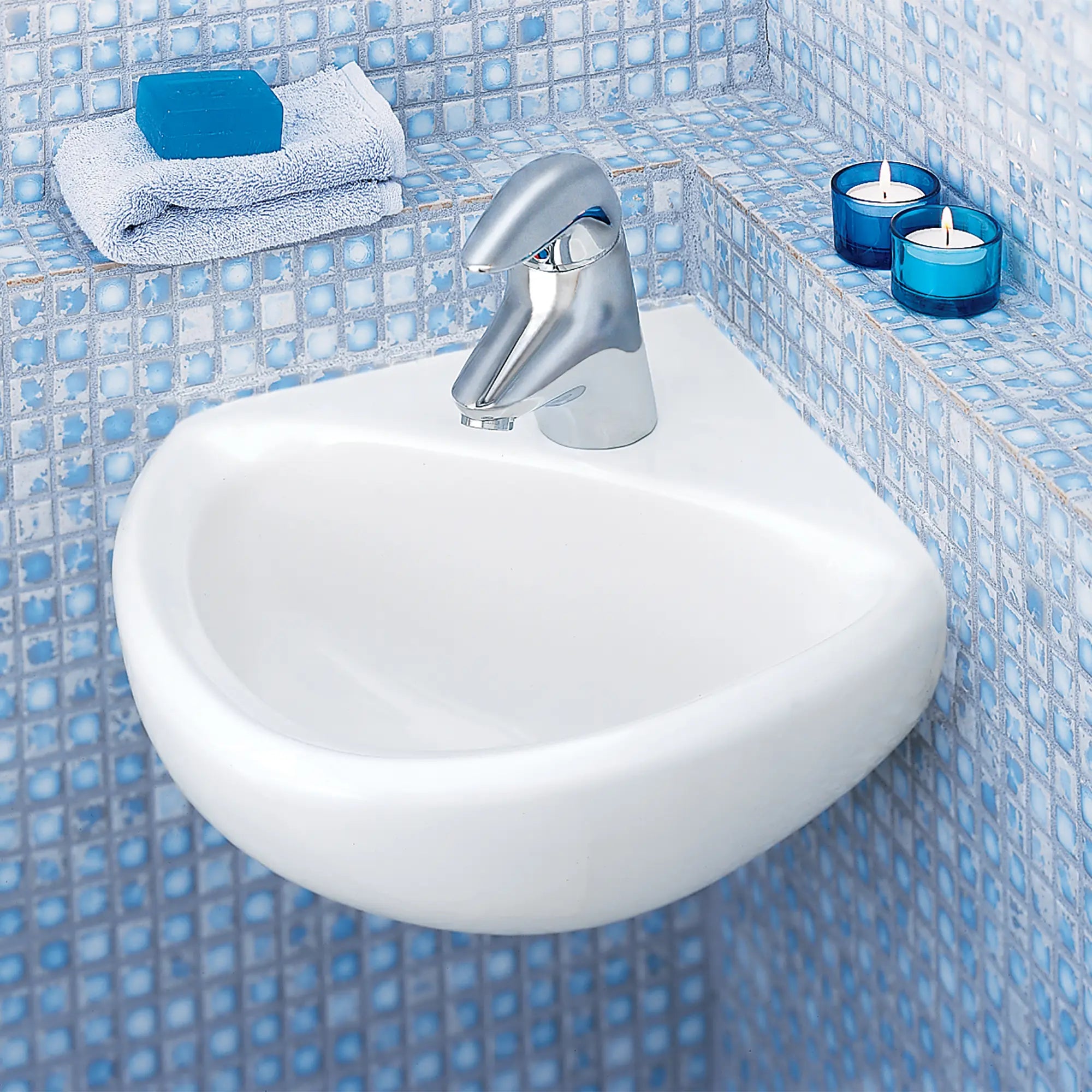 Corner Minette® Wall Mounted Bathroom Sink with Center Drain Hole - Space Saving Design for Small Bathrooms, Powder Rooms & RV Baths
