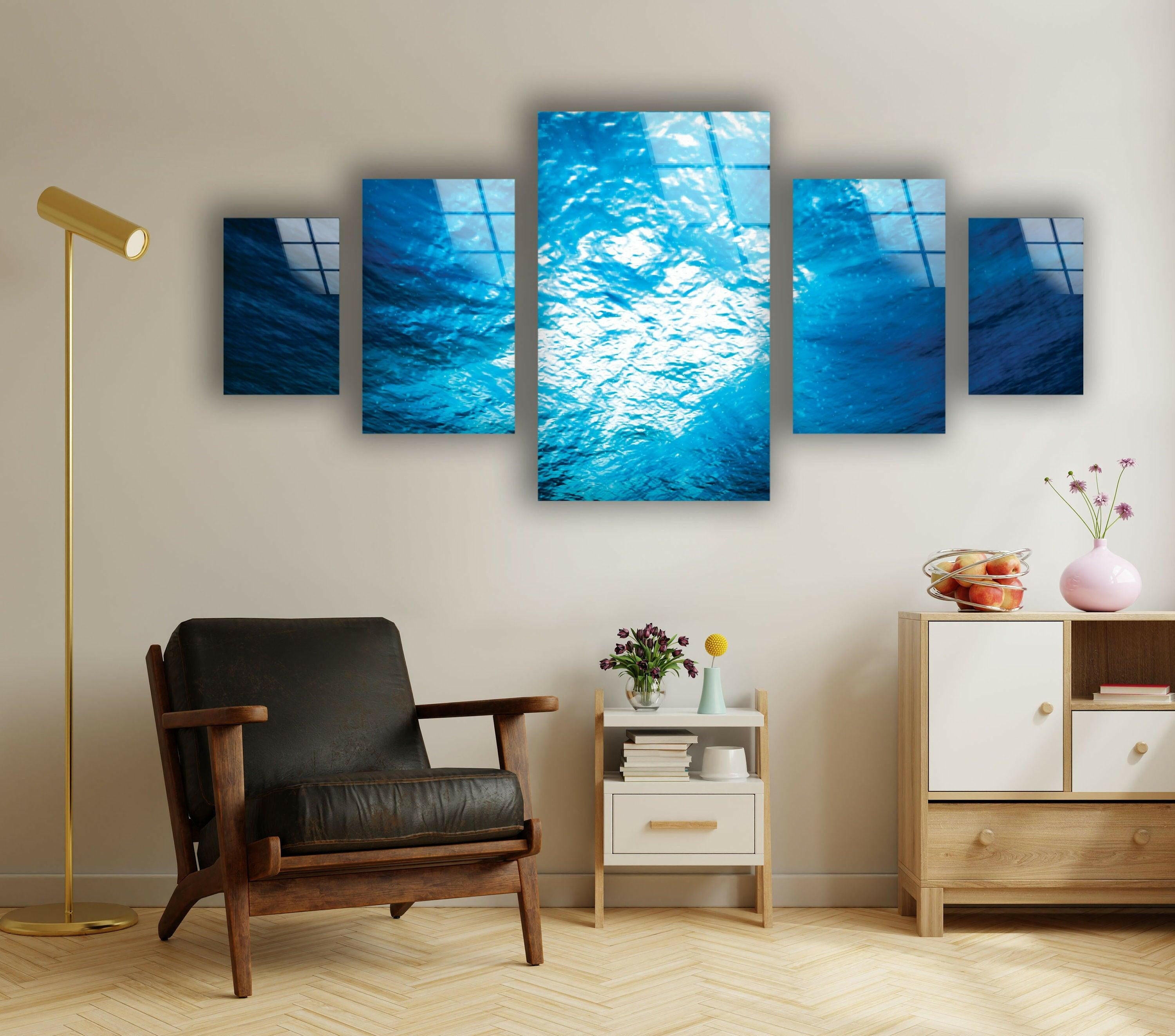 Blue Deep Underwater Abstract Glass Wall Art - Handmade Ocean Themed Decor for Living Room, Bedroom & Office - Perfect Modern Home & Office Decoration