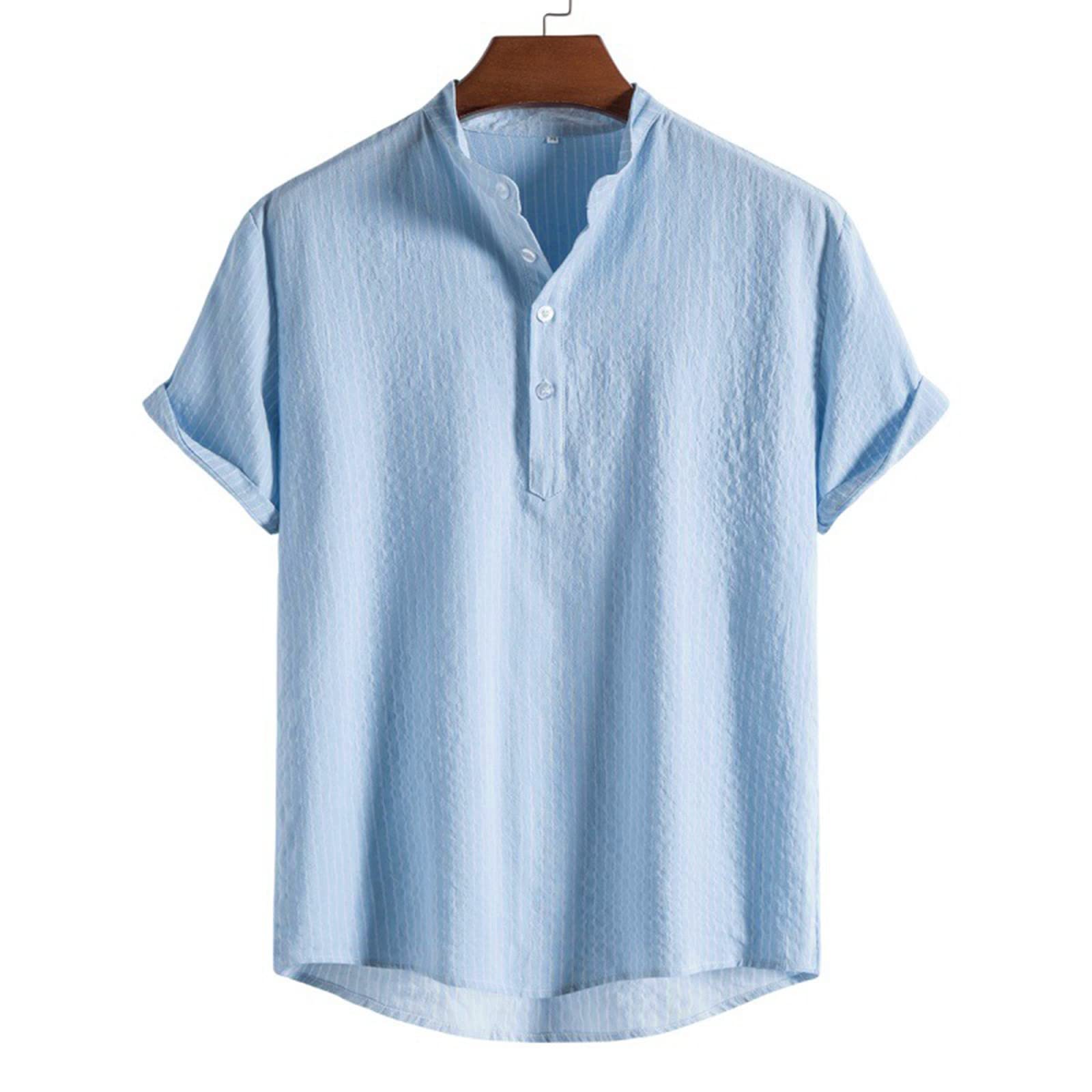 Men's Linen Henley Shirt - Short Sleeve Band Collar Casual Button Down Top for Summer | Beach Wear, Yoga Outfit & Hippie Style Fashion | Breathable & Comfortable for Outdoor Activities