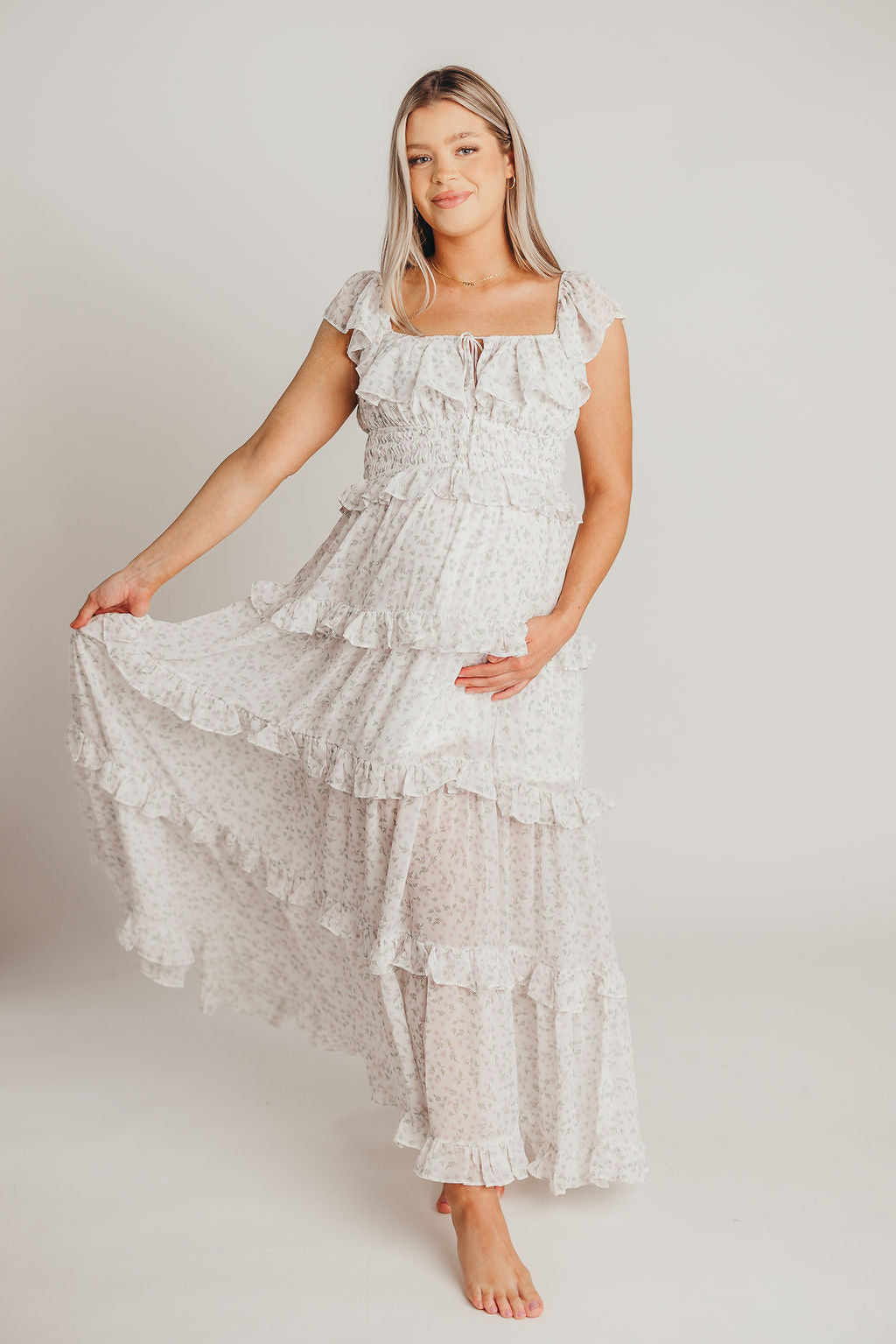 Astrid Ruffle Detail Maxi Dress - Lavender Floral Maternity Dress for Bump Friendly Comfort | Perfect for Baby Showers, Summer Weddings & Beach Vacations