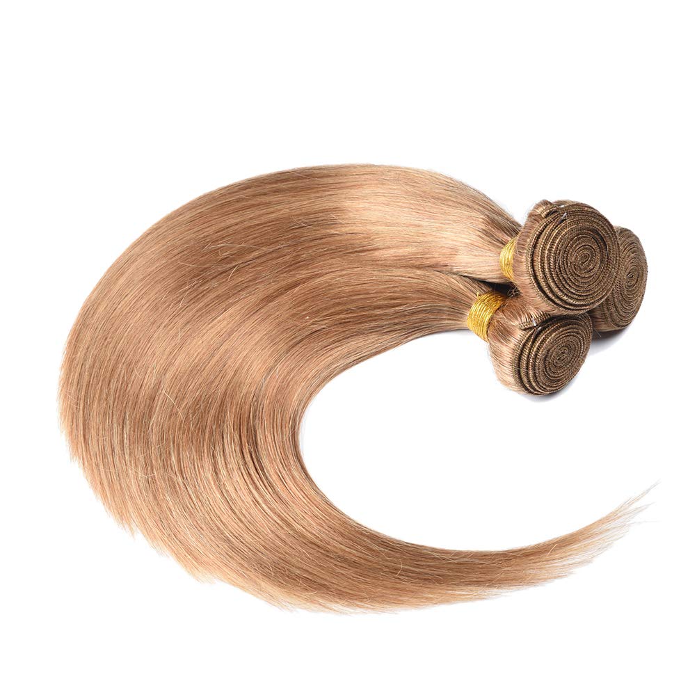 WOME 100% Unprocessed Virgin Peruvian Straight Hair Extensions - 3 Bundles Soft & Shiny Human Hair Wefts (12/14/16 Inch, Honey Blonde 27#) for Daily Styling & Special Occasions
