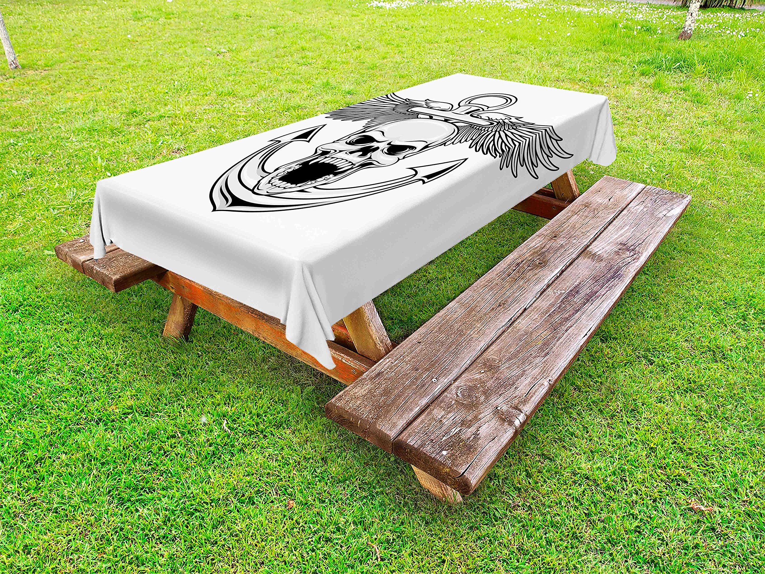 Ambesonne Anchor Themed Outdoor Tablecloth - Skull with Anchor & Eagle Wings Design, Washable Picnic Table Cover, 58