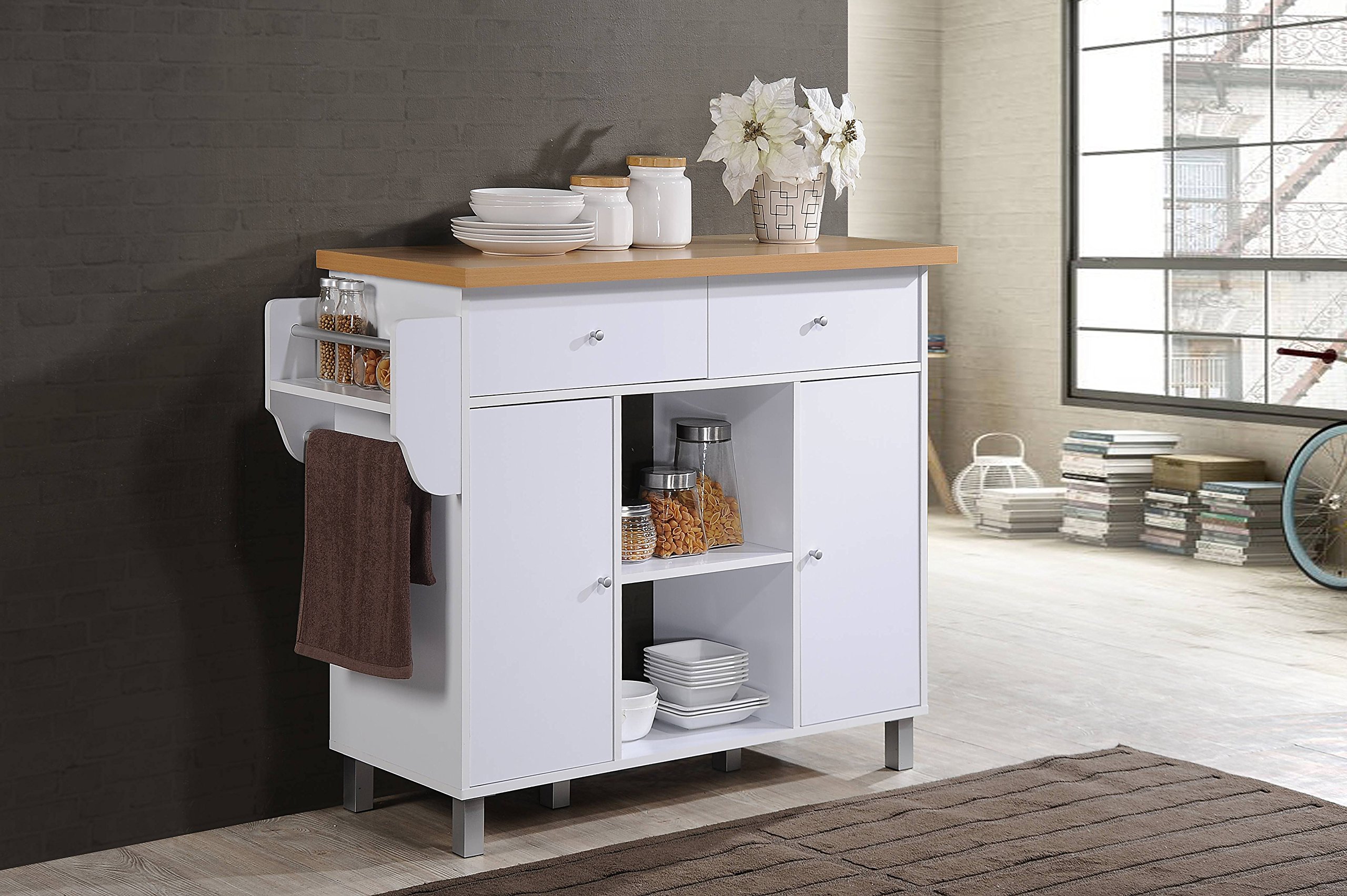 Hodedah Import Kitchen Island with Spice Rack & Towel Rack - White Wooden Storage Cabinet for Small Spaces, Perfect for Apartments and Compact Kitchens