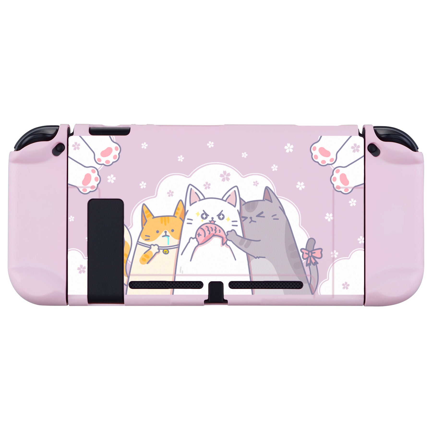 eXtremeRate PlayVital Hungry Kitties Hard Shell Back Cover for Nintendo Switch Console & Joy-Con Controllers - Durable Protective Case with Colorful ABXY Button Caps - Dockable Design for Gaming & Travel Protection