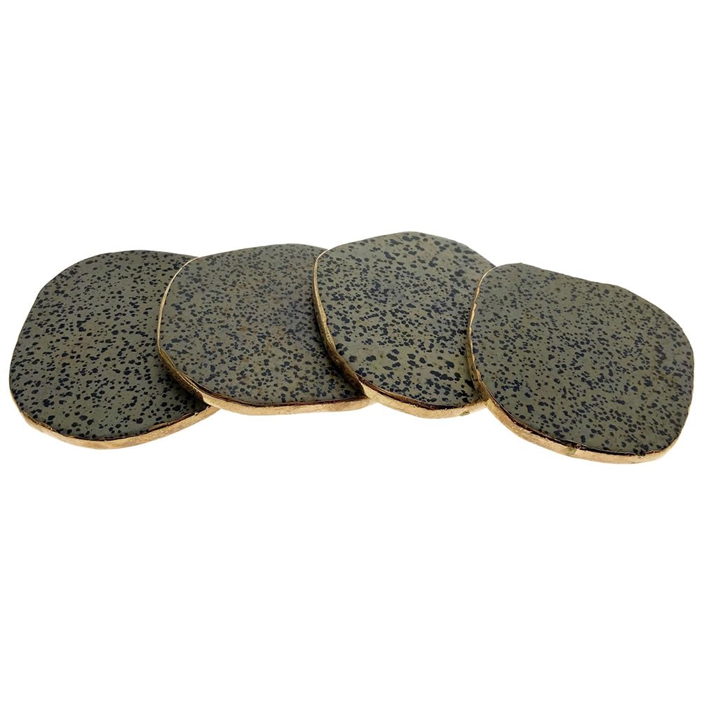 Natural Dalmatian Jasper Stone Coasters Set of 4 with Gold Accents - Perfect for Home Decor, Coffee Tables, and Gift Giving
