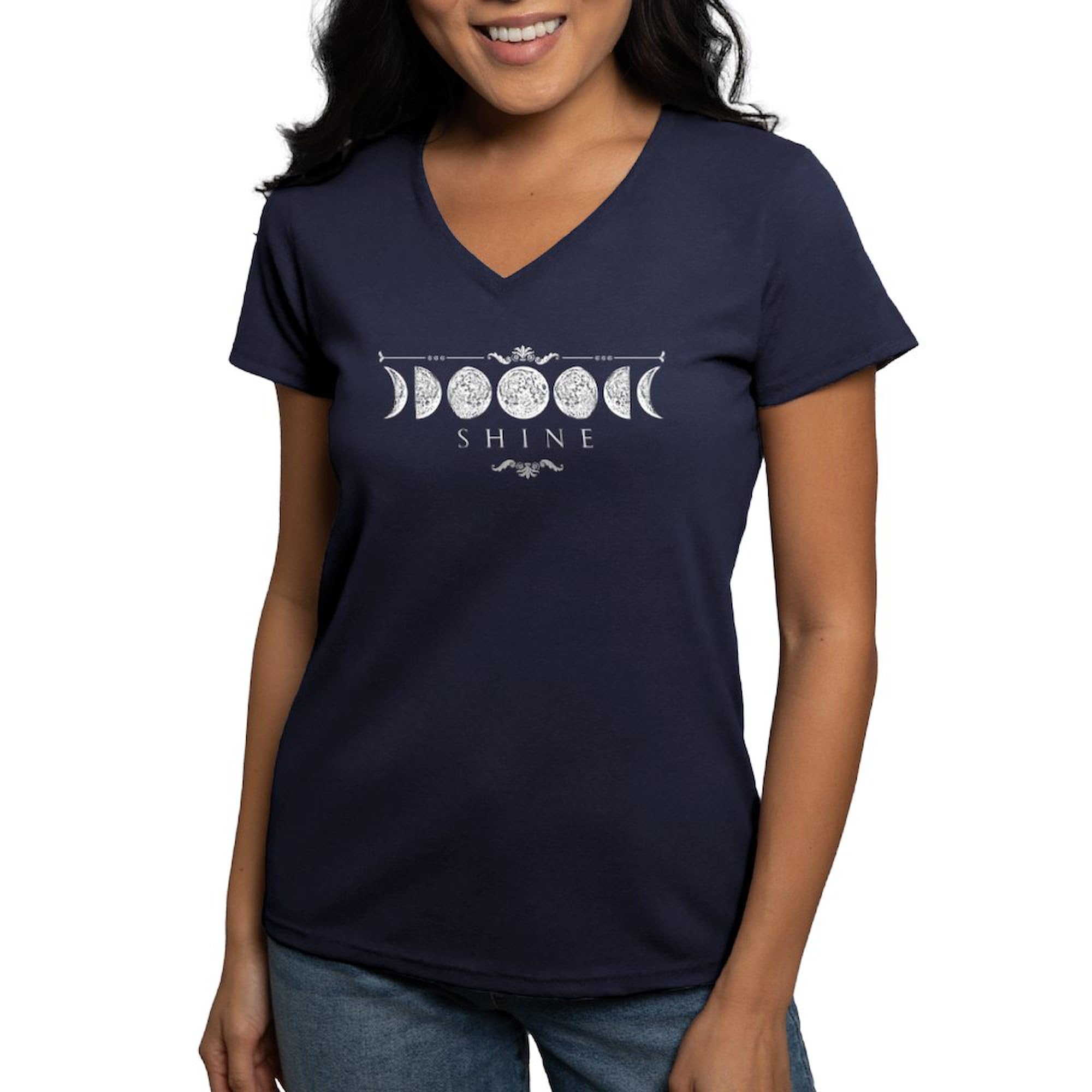 Moon Phases T-Shirt for Women - Soft Cotton V-Neck Tee - Astronomy Lover Gift, Casual Wear & Stargazing Outfit