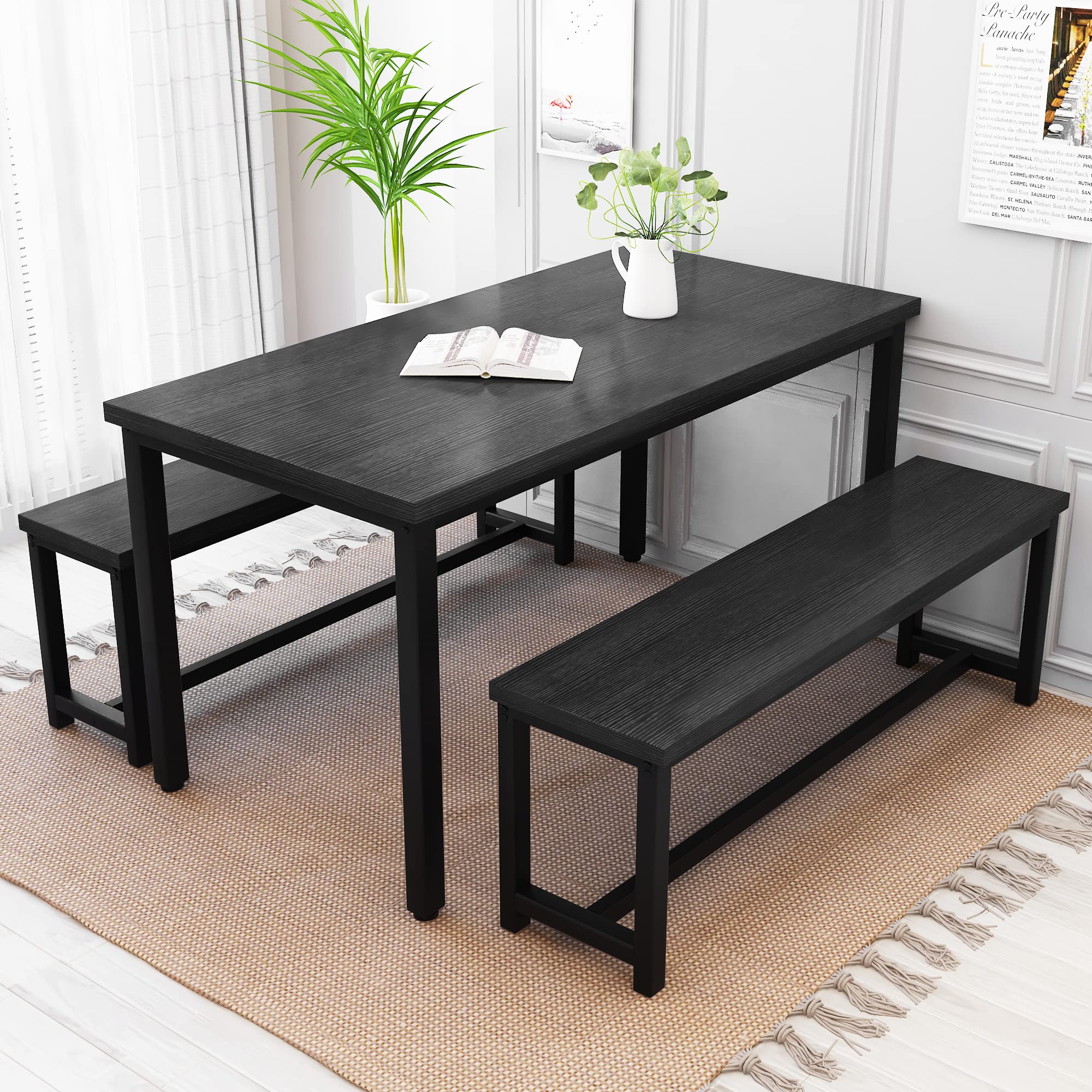 **Recaceik 3-Piece Farmhouse Dining Table Set for 4 with 2 Benches - Industrial Kitchen Table Set for Small Spaces, Apartments, Breakfast Nook - Perfect for Family Meals & Entertaining (Black)**
