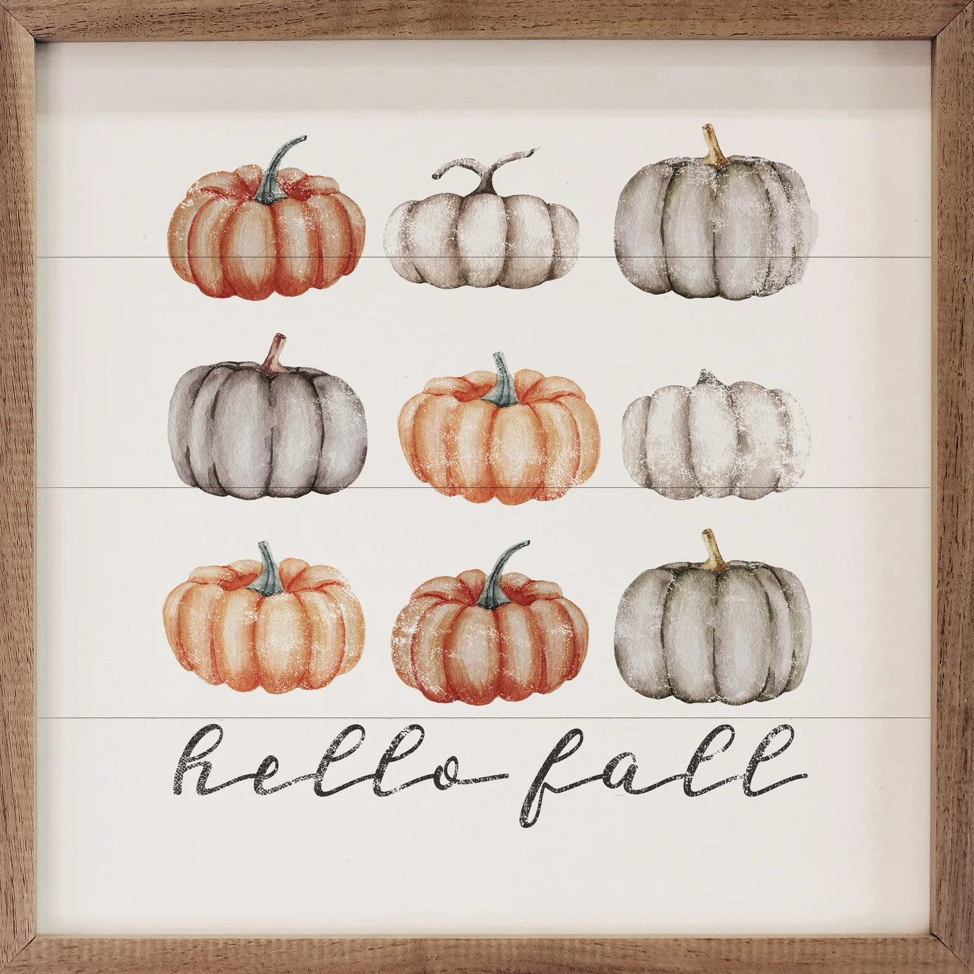 Hello Fall Orange and Gray Pumpkins Wood Framed Print - Autumn Home Decor Wall Art for Living Room, Bedroom & Office