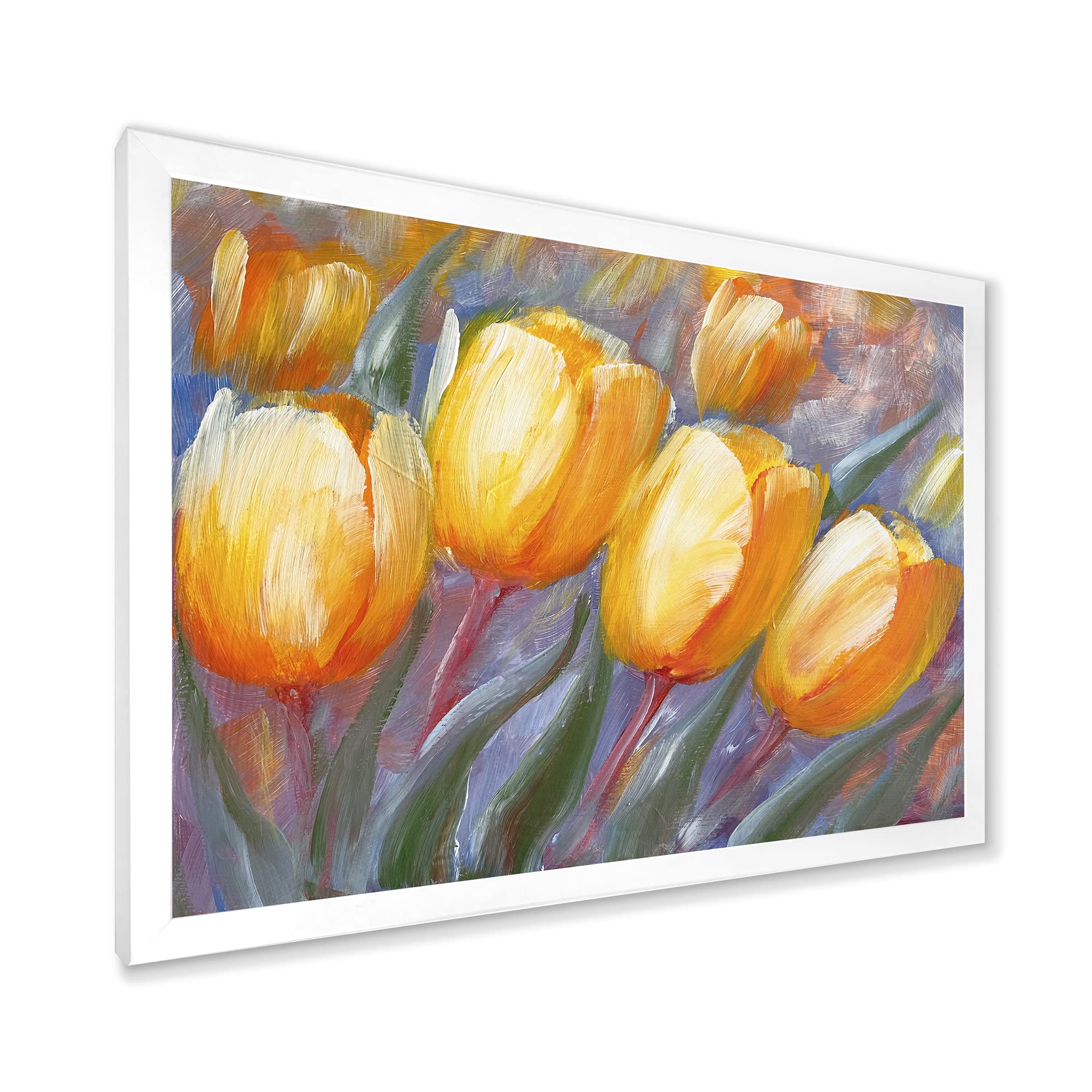 DesignQ Yellow Blooming Tulips Traditional Framed Wall Art - Hand Painted Canvas Painting for Living Room, Bedroom & Office Decor