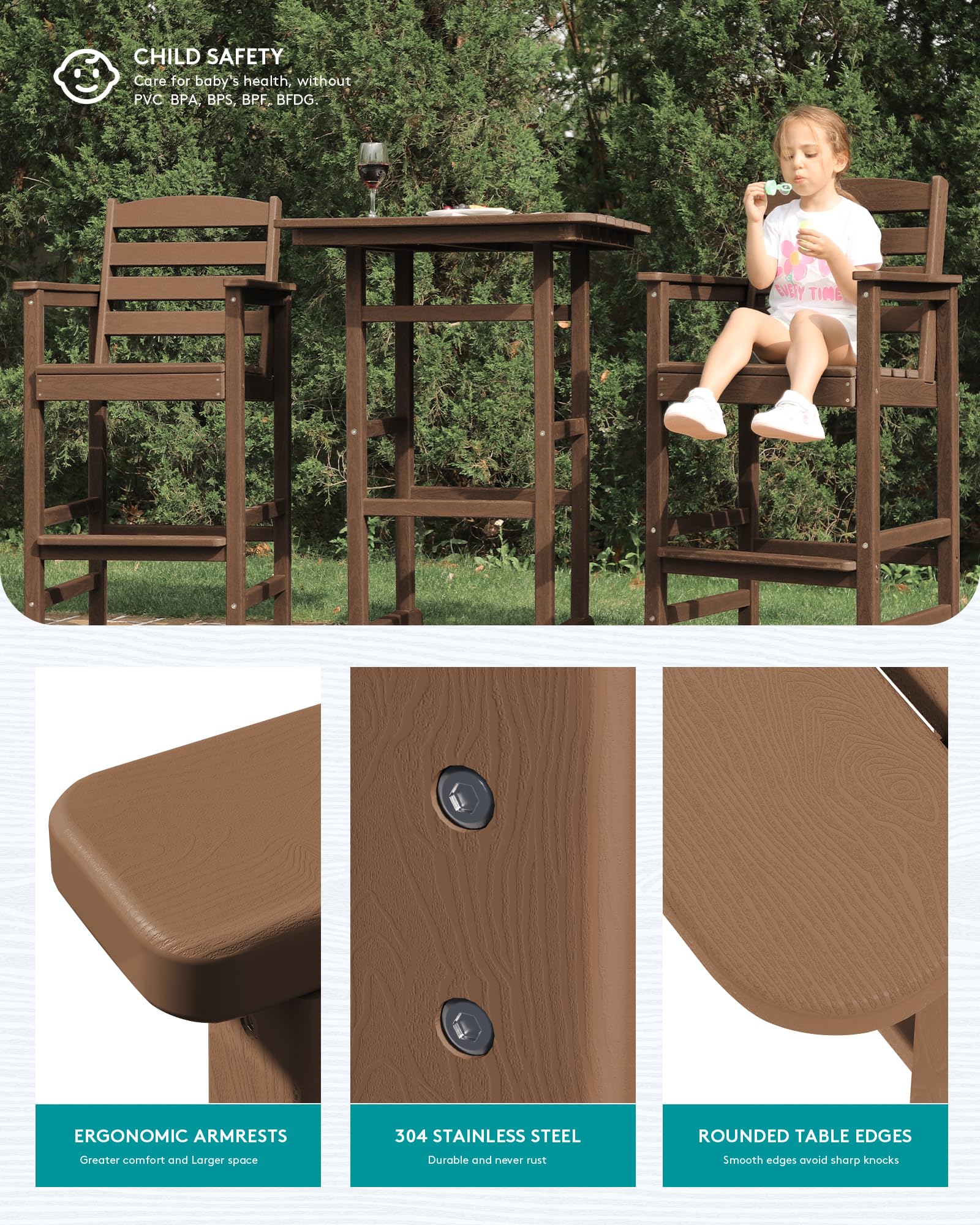 SERWALL 3-Piece Outdoor Bar Set - Adirondack Bar Height Chairs (Set of 2) & Matching Table - Brown Patio Furniture for Balcony, Bistro, Poolside & Backyard - Perfect for Relaxing, Entertaining & Outdoor Dining