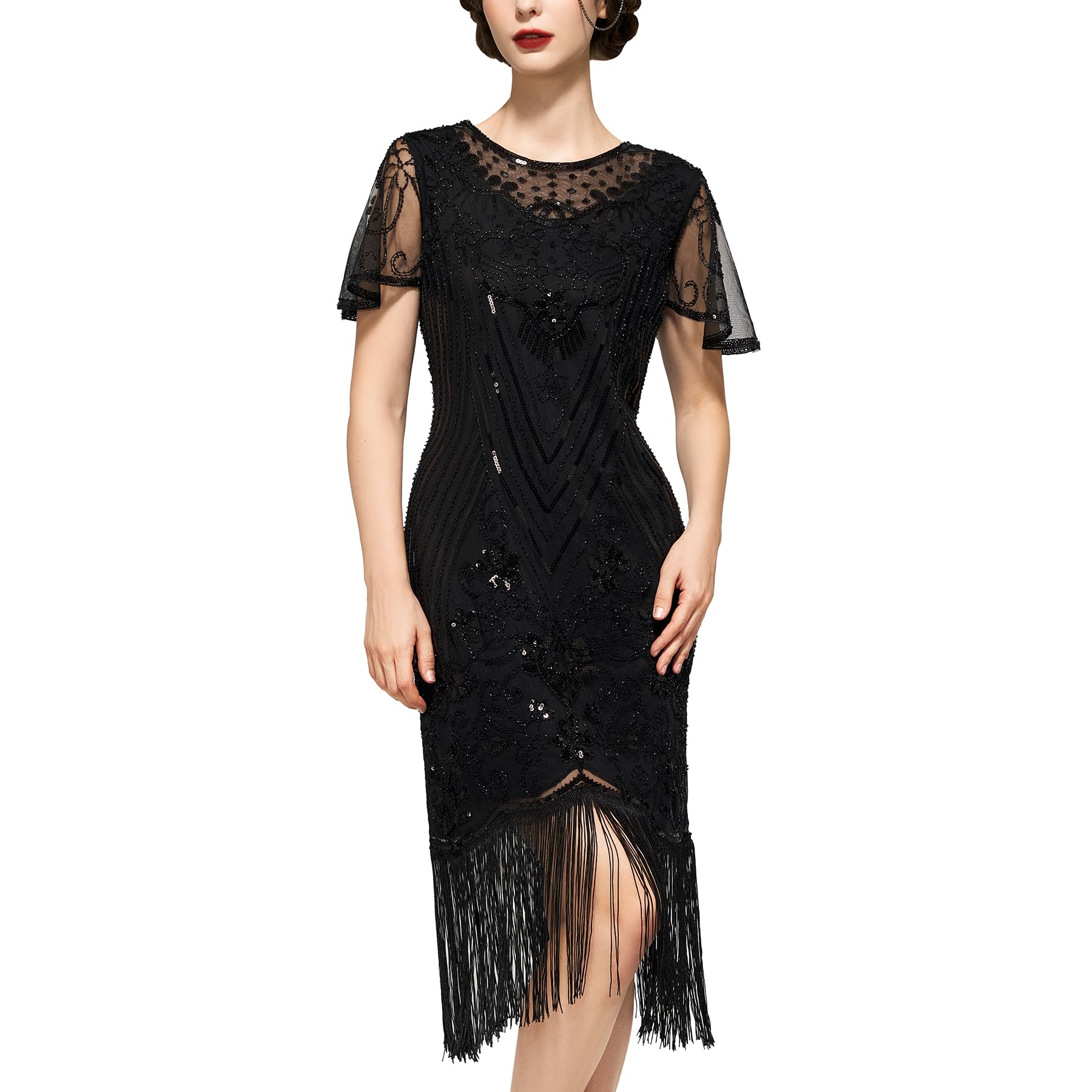 Vintage 1920s Flapper Dresses for Women - Roaring 20s Great Gatsby Style Sleeve Dress with Crew Neck for Harlem Nights & Costume Parties | Perfect for Themed Events, Halloween, and Jazz Age Parties