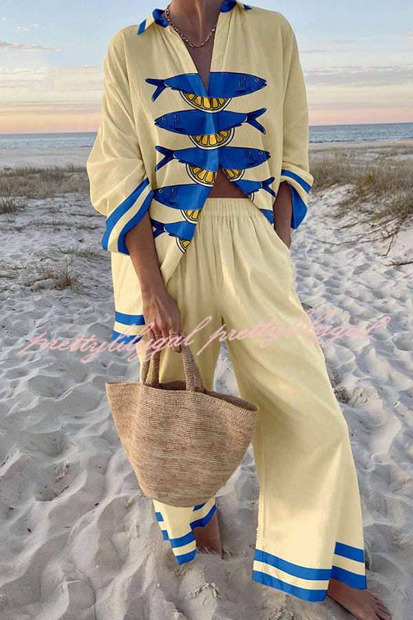 Stylish Ocean Print Oversized Shirt & Elastic Waist Pocket Pants Set - Women's Casual Loungewear for Beach Vacation & Summer Outfits