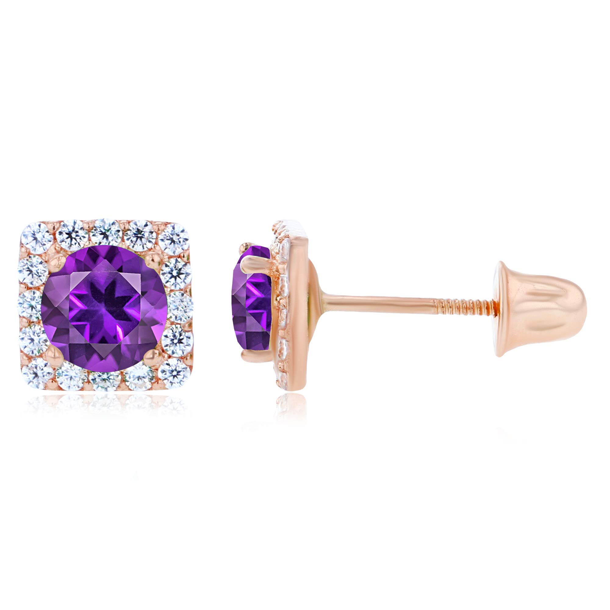 14K Solid Gold 5.50mm Square Halo Birthstone Screwback Stud Earrings for Women | 4mm Round Birthstone | 1mm Created White Sapphire Halo | Perfect for Birthdays, Anniversaries & Special Occasions