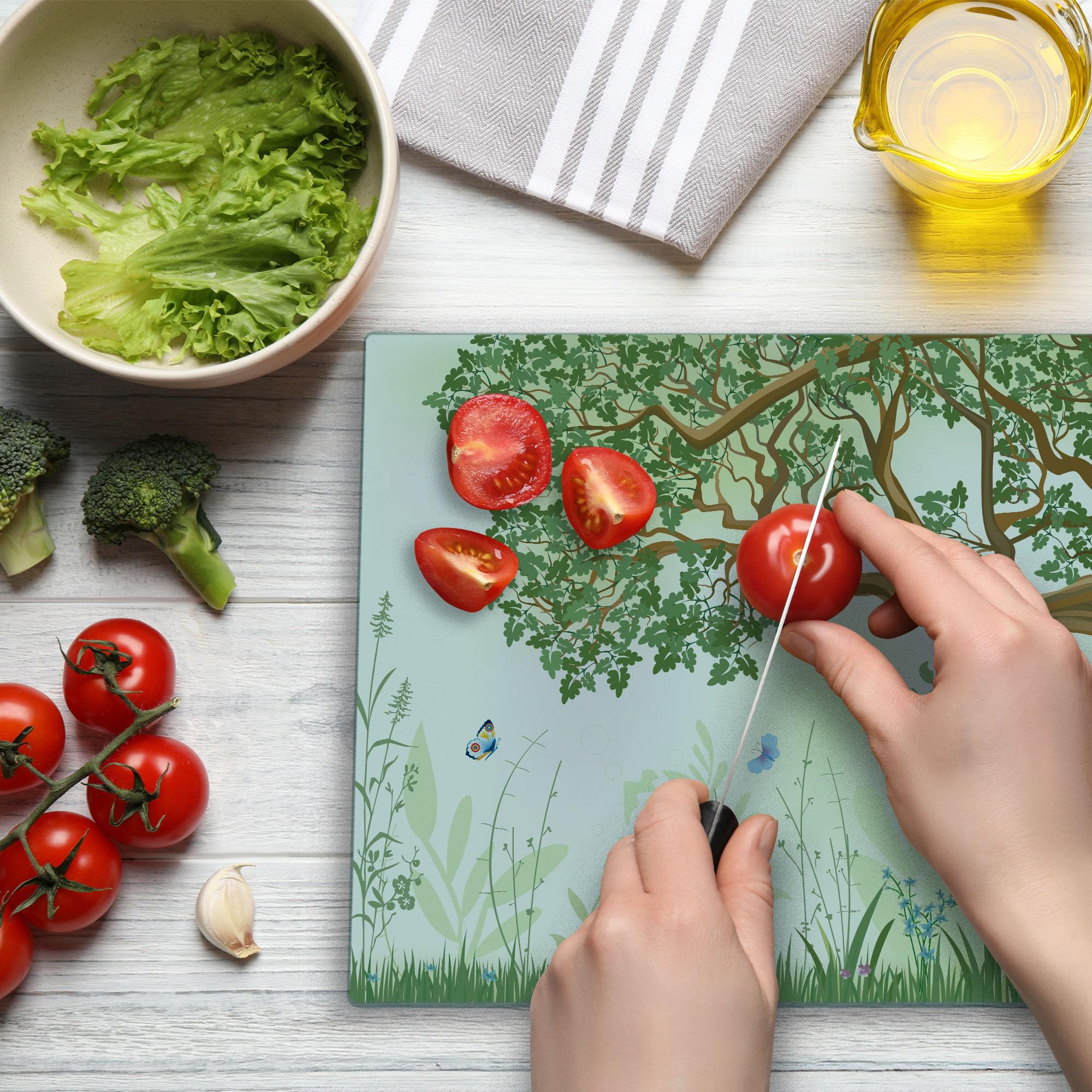 Ambesonne Nature Themed Cutting Board - Spring Summer Tree Grass Butterfly Oil Painting Design - Decorative Tempered Glass Serving Board - Large Size (Green, Brown, White) - Perfect for Kitchen Decor, Cheese Platter & Wall Art Display