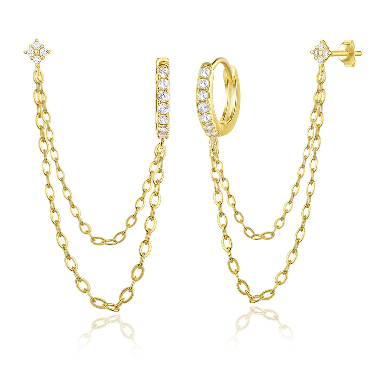 925 Sterling Silver Gold Plated Flower Stud Chain Earrings with Zirconia | Double Piercing Dangle Huggie Hoop Earrings for Women | Elegant Jewelry Gift for Birthday, Anniversary & Party Occasions