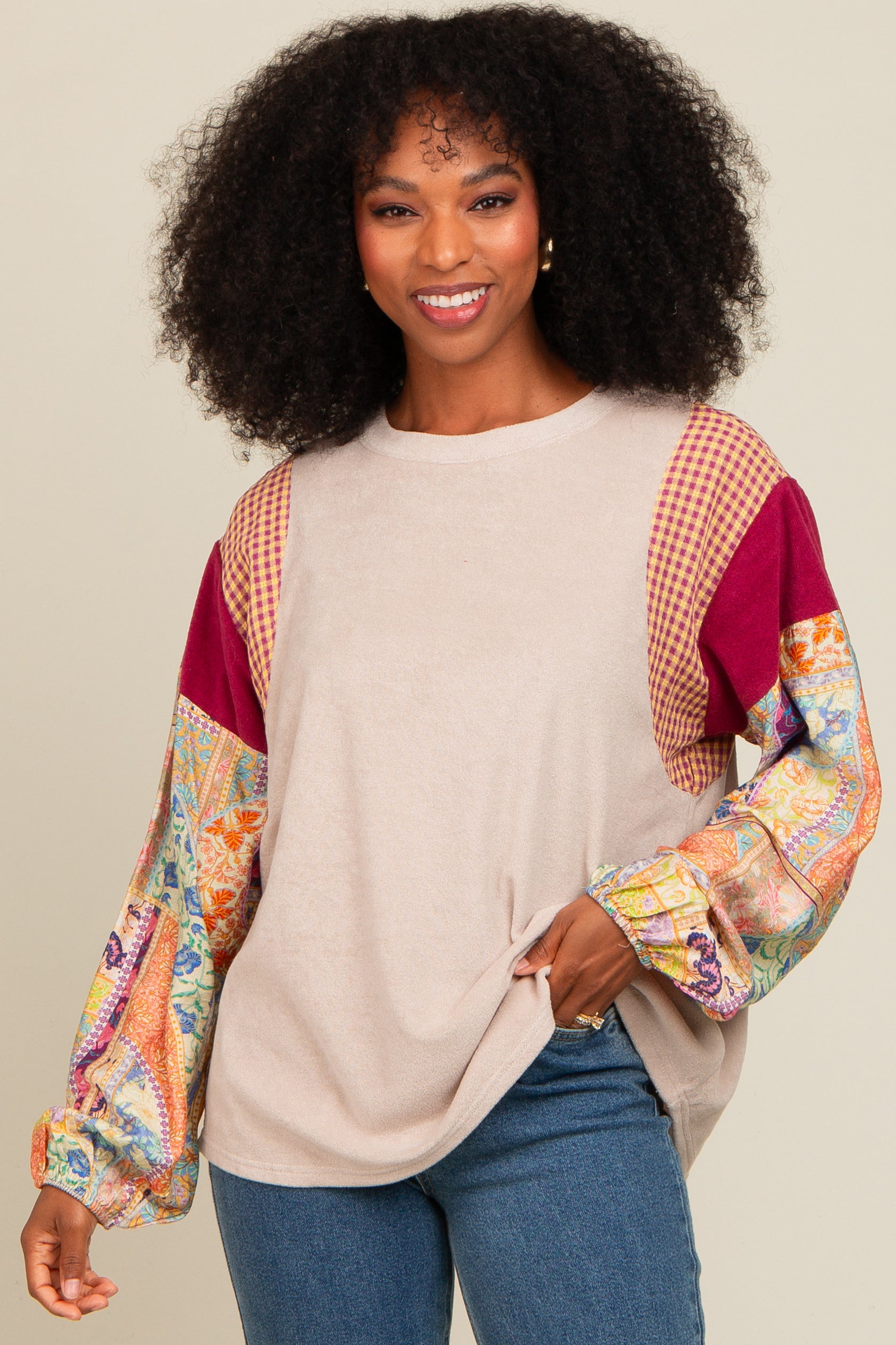Beige Mixed Print Bubble Sleeve Blouse - Women's Fashion Tops for Casual Wear, Date Night & Office Outfits